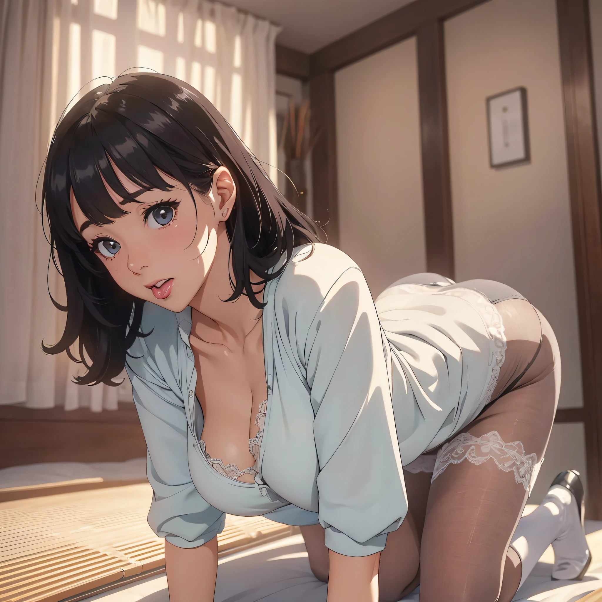 , facial, underwear, glans licking, drooling, underwear, black pantyhose, white bra, white t-back, underwear visible, clothes disheveled, office lady, mini skirt