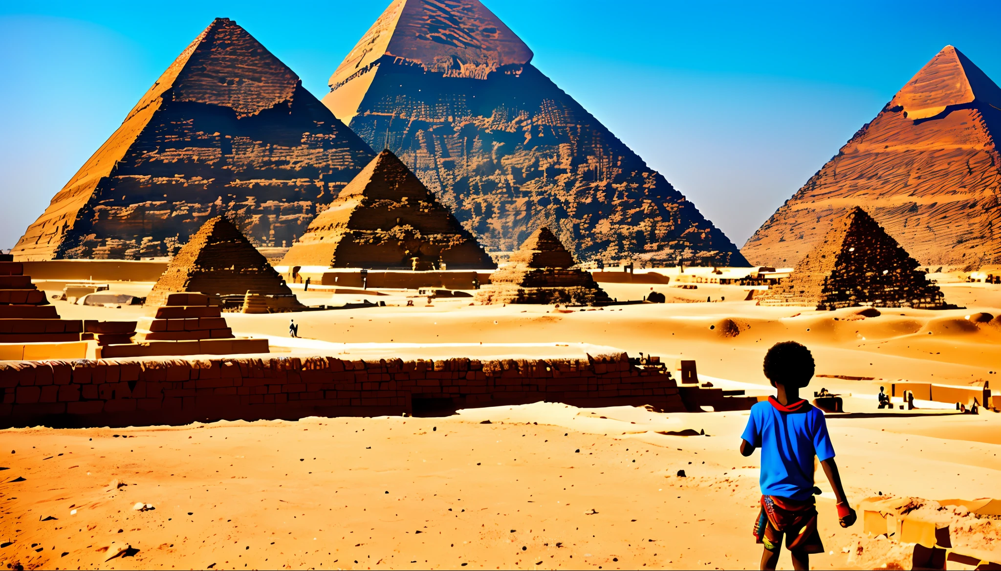 a black African , poor, aiming at the pyramids of Egypt, high resolution, vivid colors, 8k quality,orizontal image