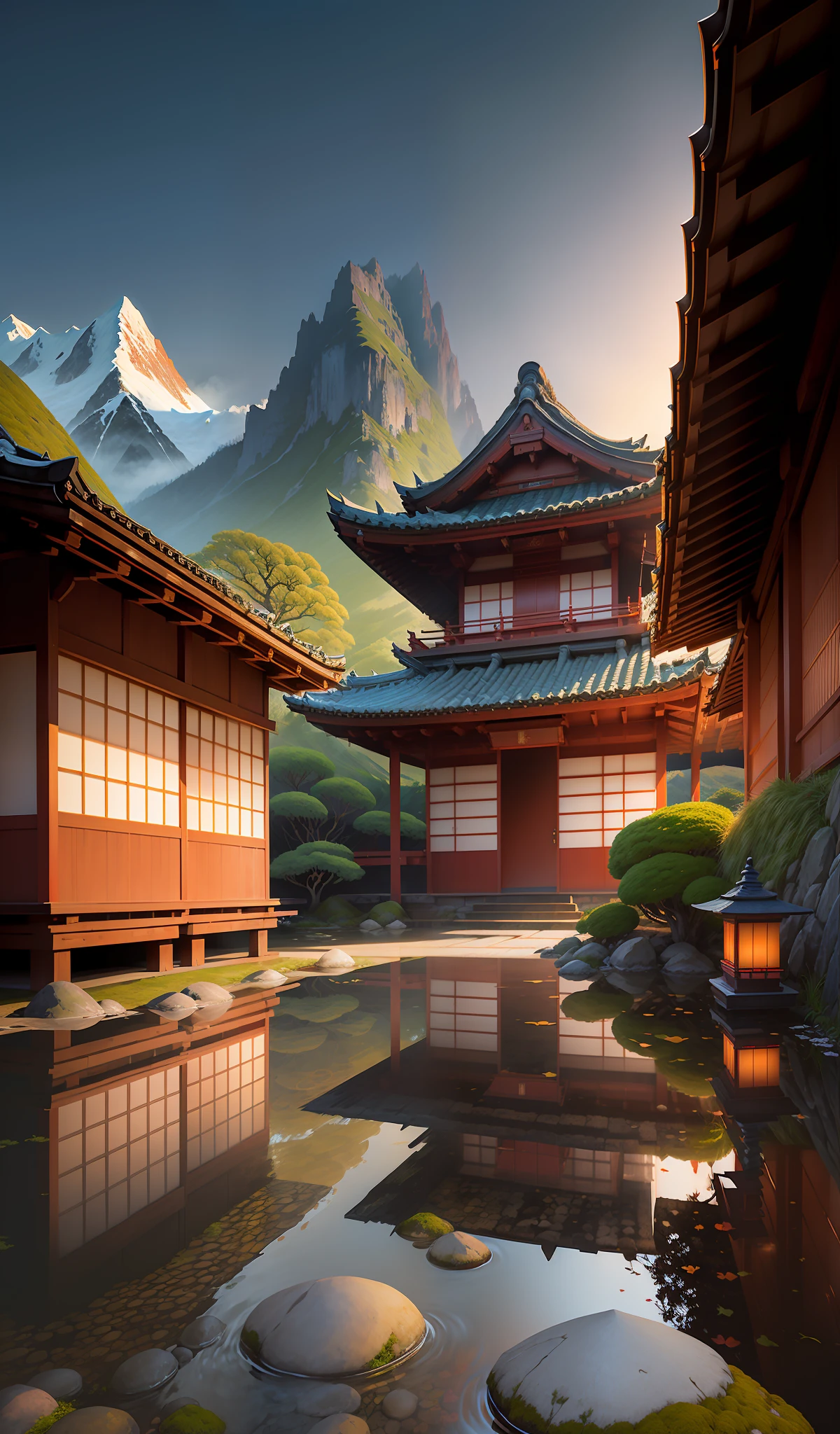 ((masterpiece)),((best quality)),((high detial)),((realistic,)) Traditional Japanese architecture, red scale tile roof, exquisite carvings, drizzle, moss-covered stone slabs, stream, Mountains, moonlight, soft light, mysterious and charming atmosphere, the style of the movie &quot;Your Name&quot;, --v 6