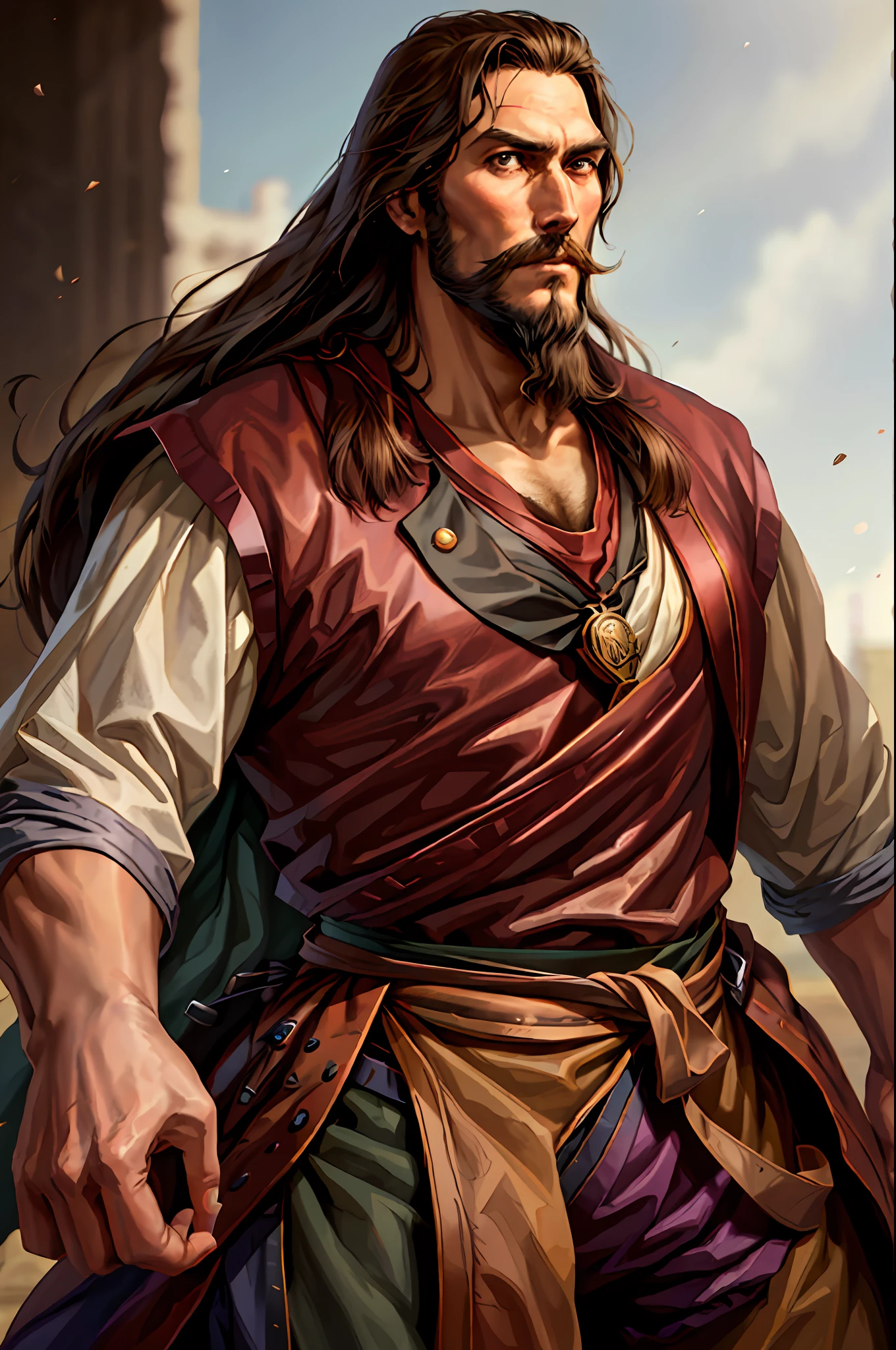 Man, American, long brown hair, pirate, long dark beard, brunette, tall and relatively strong, a little old.