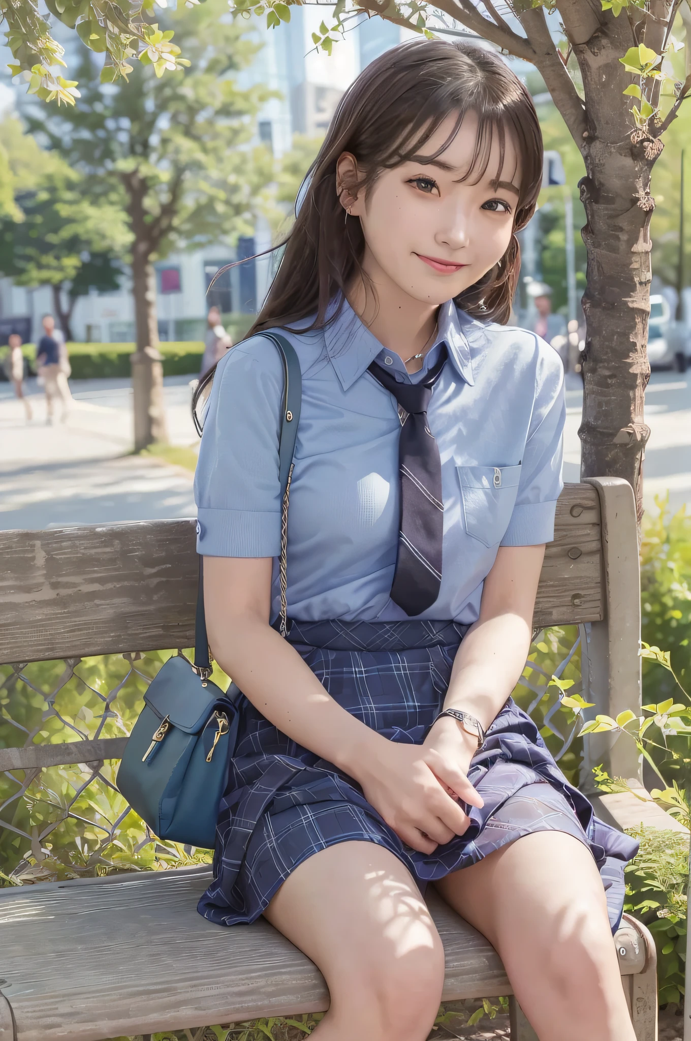 Very Smile,(Best Quality),(Masterpiece),(Super Detail),(Hi-Res),(8K Portrait),Production Art,Full Body,Park Bench,Sitting,Hands Tucked Between Crotch,Open Legs,Alone,Solo,Cute,Cityscape,Day,Blue Sky,(Wind:1.4),Delicate Face,Small Head,Brown Eyes,Short Sleeve Uniform,Silver-Blue Striped Tie,Blue Tartan Skirt, black tote bag, smile, happiness,