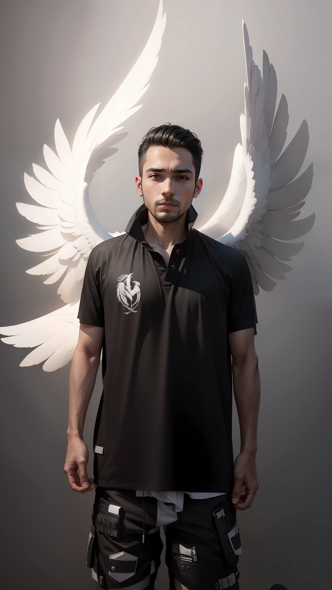 Man with angel wings wearing black shirt on a white background