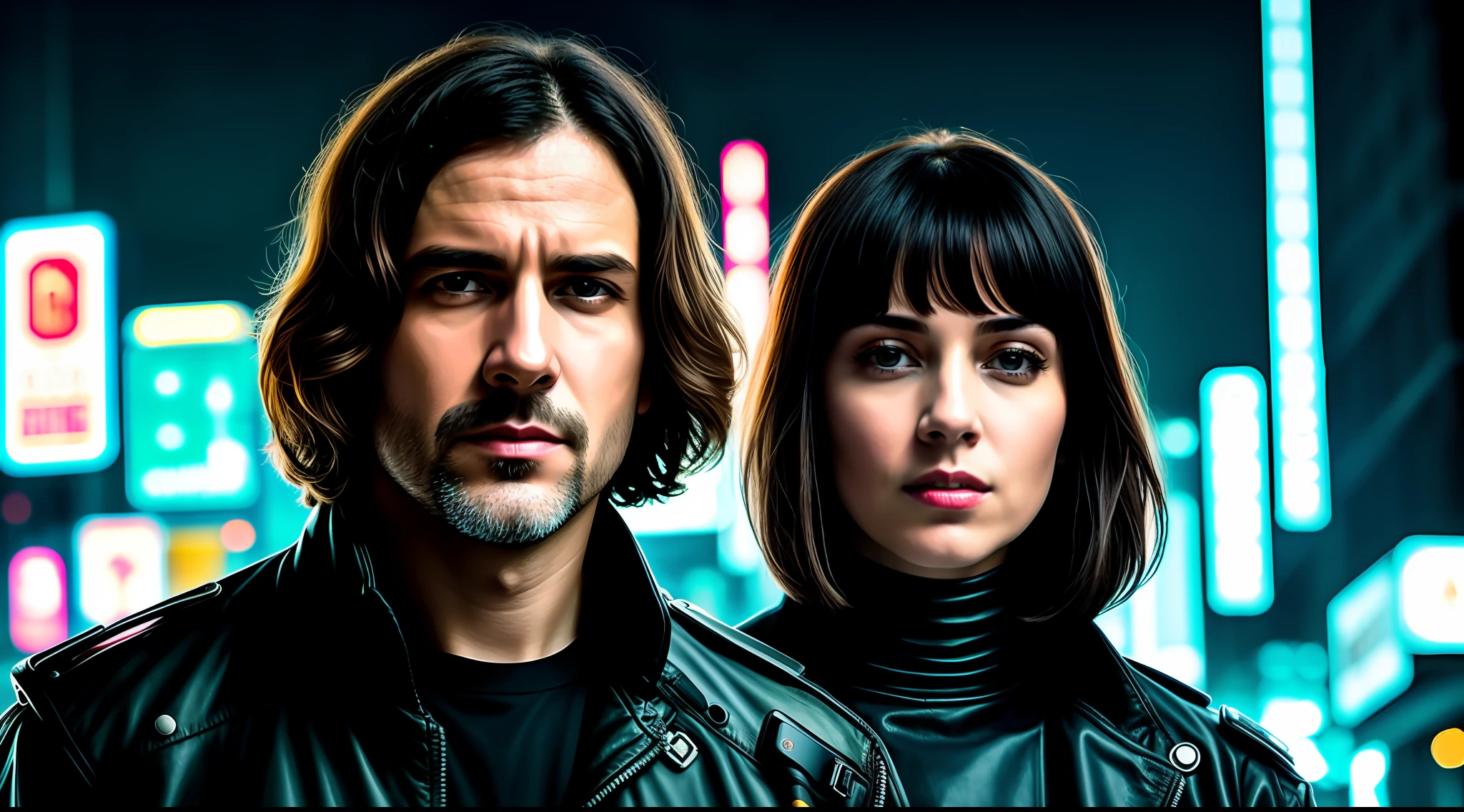 award-winning photo from waist up, close-up portrait of a 45-year-old brutal man in deserter ((cyberpunk)) clothes, portrait of one (brunette: 1.2) (solo), long haircut, pale skin, slim body, cyberpunk city background, night, neon (highly detailed skin: 1.2), 8k uhd, dslr, soft lighting, high quality, film grain, Fujifilm XT3