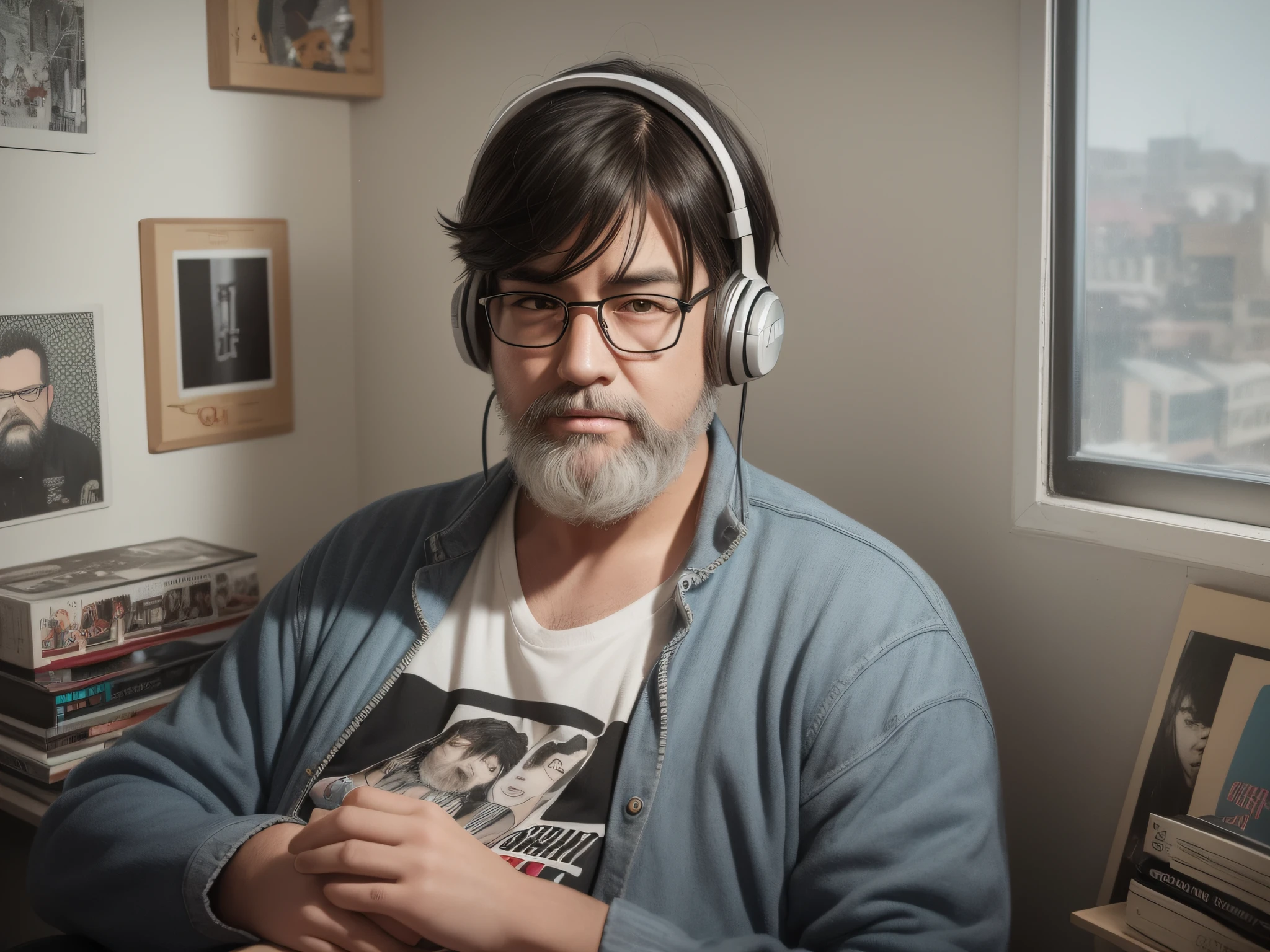 realistic drawing of an old man, black hair, white beard, black eyes, wearing glasses, lying in bed, wearing headphones, looking at the ceiling, dim light, a puppy lying next to him, in bed, vinyl records scattered around the room, pictures of 80's heavy metal bands on the wall, lofi boy, lofi artstyle, lofi feel, lofi, lofi boy aesthetic, lofi vibe, lofi aesthetic, lofi vibes, lofi colors, lofi portrait, ghibli and ilya kuvshinov, lofi sleep