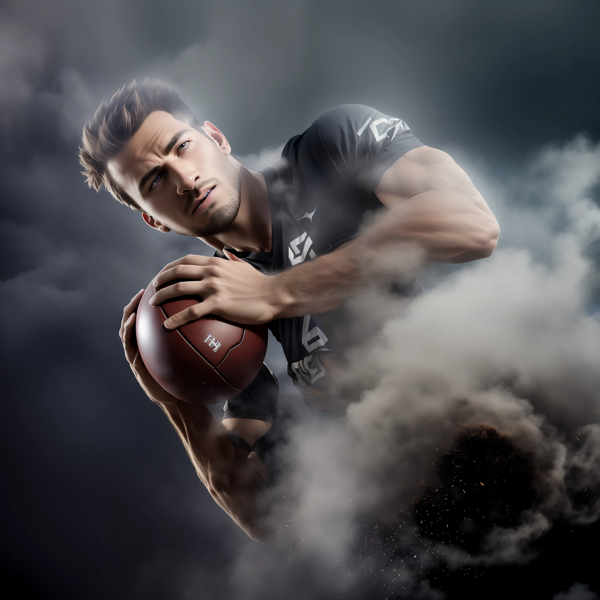 arafed man holding a football in a dust cloud, dramatic action shot, athlete photography, dramatic action photography, football player, high-speed sports photography, sports photography, sport photography, portrait shot, by Sebastian Spreng, dynamic action shot, high quality action photography, dramatic cinematic action shot, dynamic dramatic shot, wide angle dynamic action shot, by Thomas Bock