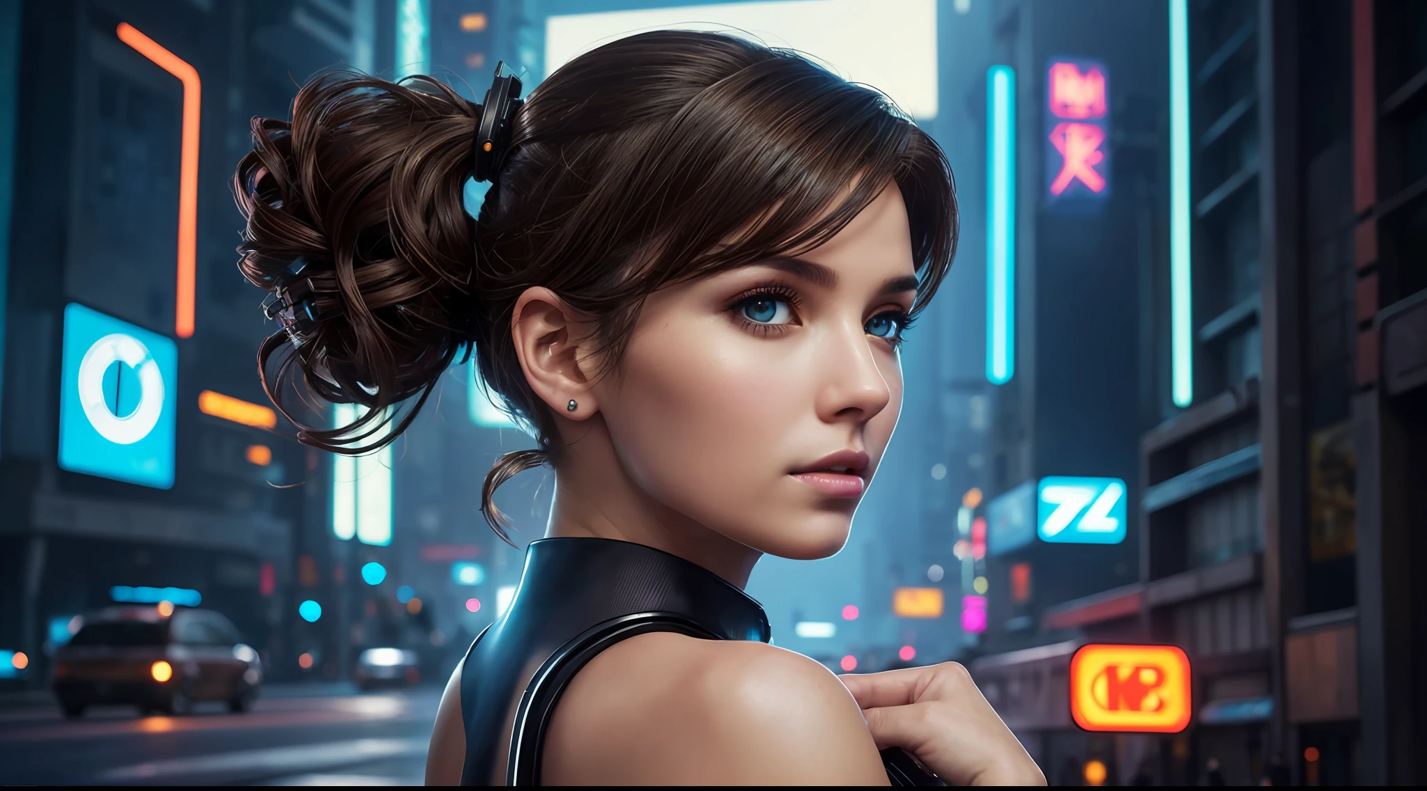 award-winning photo from waist up, color portrait photograph, portrait of one (brunette: 1.2) (((solo))), (one side up:1.4), light, ((bright skin)), looking_at_viewer, (fit body:1.0), detailed illustration, masterpiece, high quality, realistic, very detailed face, ((cyberpunk environment)), night, neon