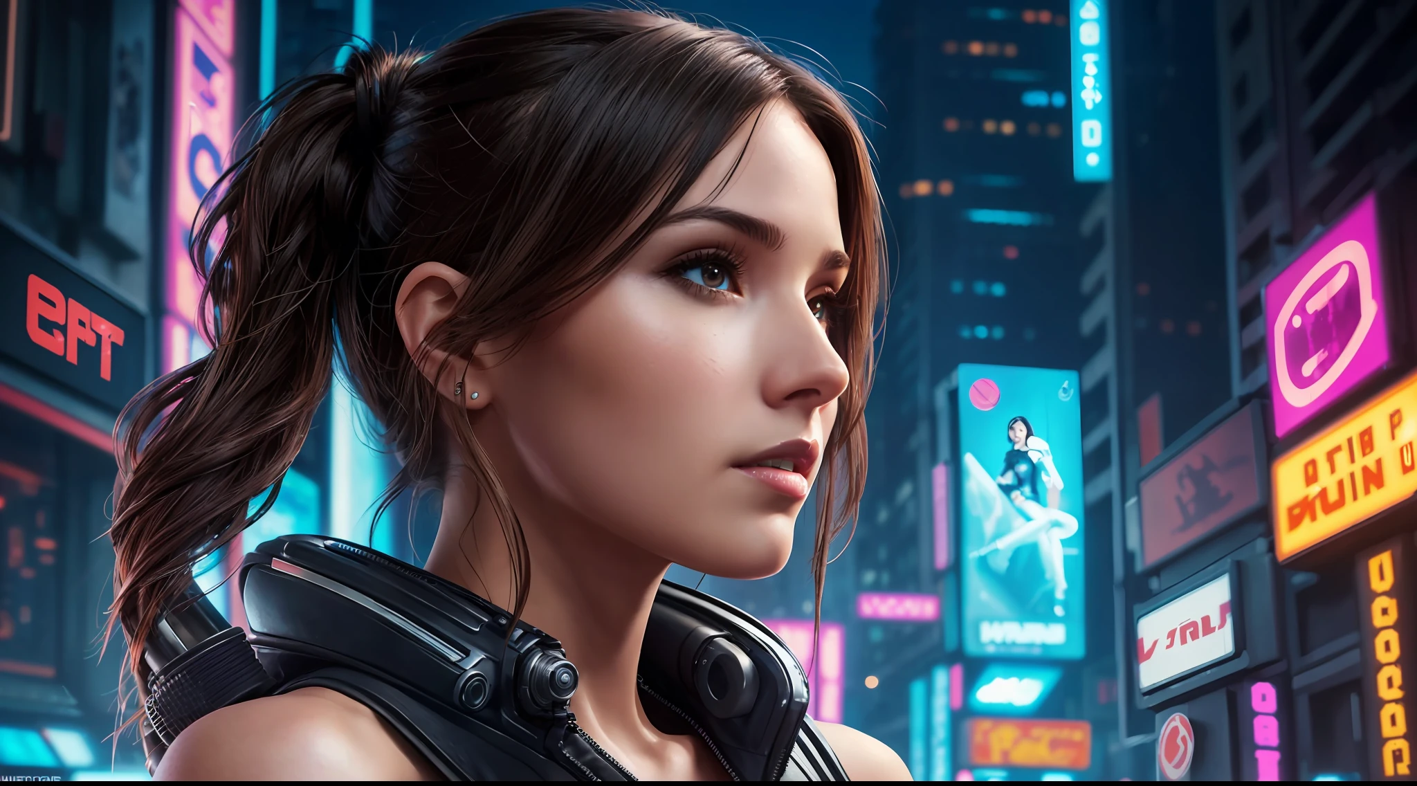 award-winning photo from waist up, color portrait photograph, portrait of one (brunette: 1.2) (((solo))), (one side up:1.4), light, ((bright skin)), looking_at_viewer, (fit body:1.0), detailed illustration, masterpiece, high quality, realistic, very detailed face, ((cyberpunk environment)), night, neon