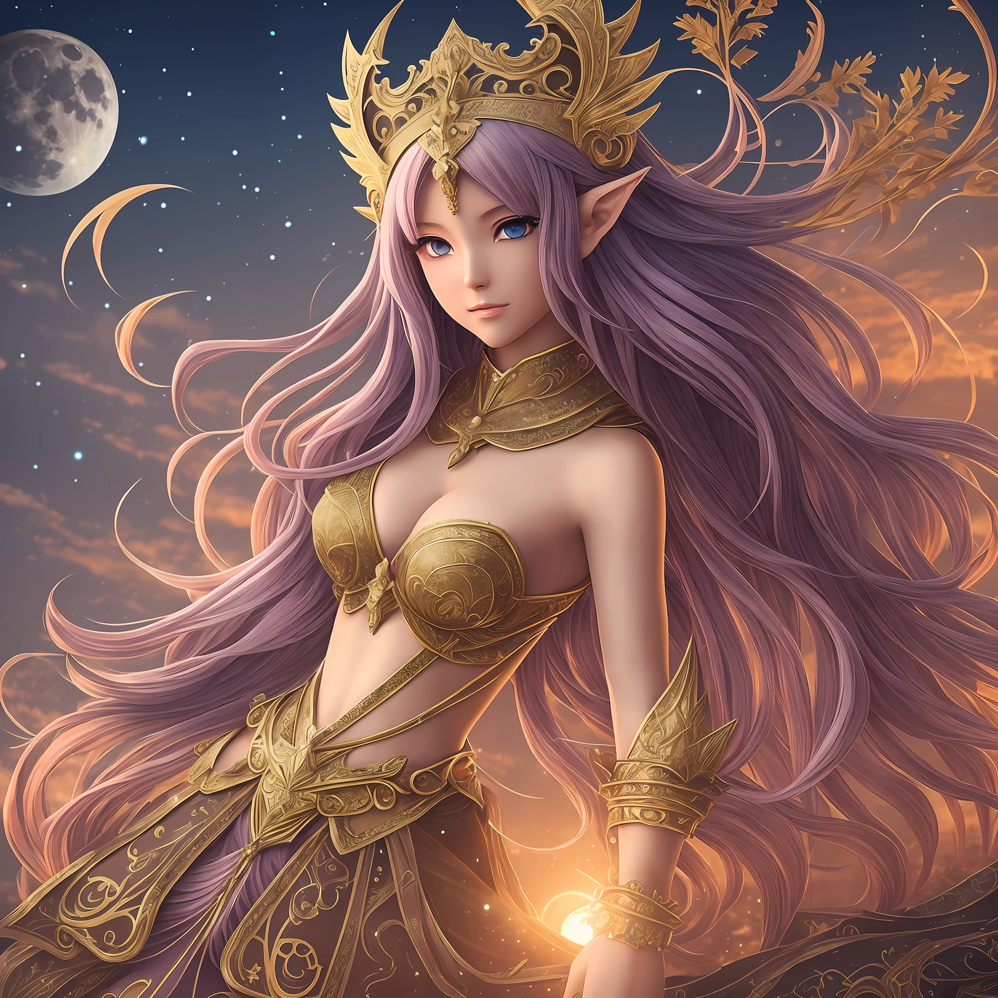 a costumed woman with a full moon in the background, Goddess of Anime, 2. 5 D CGI anime fantasy art, goddess. Extremely high detail, Knights of zodiac girl portrait, Knights of zodiac girl, extremely detailed goddess shot, a beautiful fantasy empress, Moon Goddess, 8k high quality detailed art, seductive elf princess knight, full body. head and feet on display.