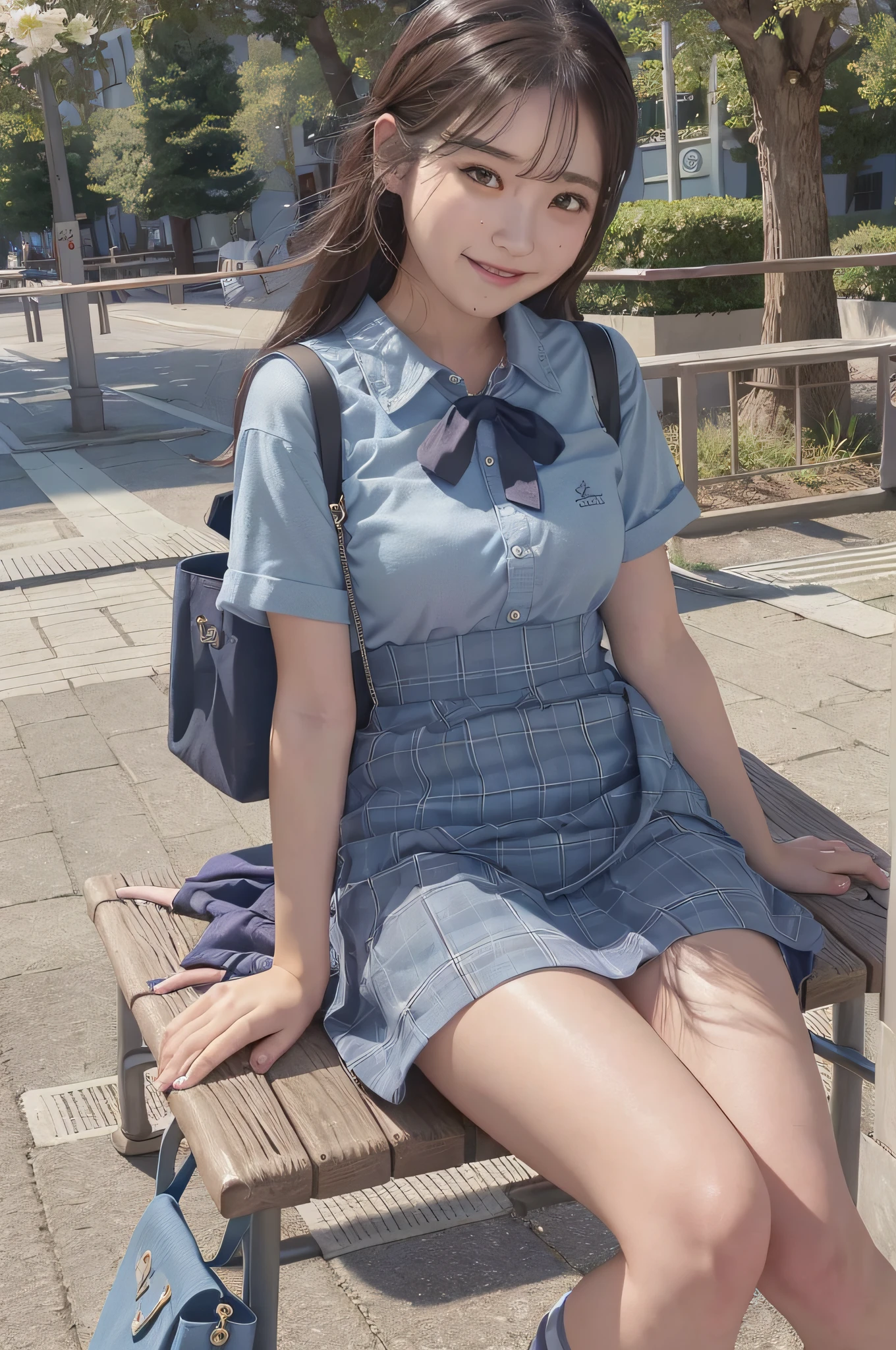 Very Smile,(Best Quality),(Masterpiece),(Super Detail),(Hi-Res),(8K Portrait),Production Art,Full Body,Park Bench,Sitting,Hands Tucked Between Crotch,Open Legs,Alone,Solo,Cute,Cityscape,Day,Blue Sky,(Wind:1.4),Delicate Face,Small Head,Brown Eyes,Short Sleeve Uniform,Silver-Blue Striped Tie,Blue Tartan Skirt, black tote bag, smile, happiness,