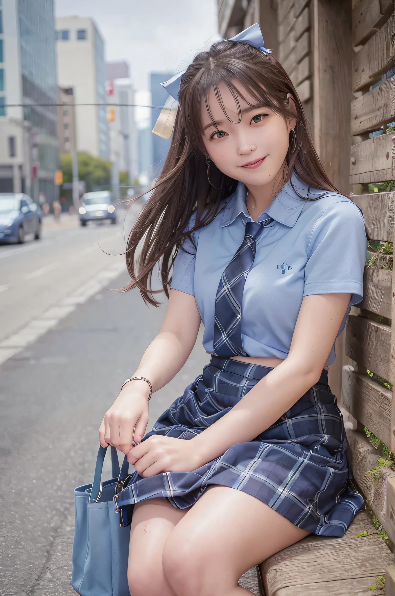 Very Smile,(Best Quality),(Masterpiece),(Super Detail),(Hi-Res),(8K Portrait),Production Art,Full Body,Park Bench,Sitting,Hands Tucked Between Crotch,Open Legs,Alone,Solo,Cute,Cityscape,Day,Blue Sky,(Wind:1.4),Delicate Face,Small Head,Brown Eyes,Short Sleeve Uniform,Silver-Blue Striped Tie,Blue Tartan Skirt, black tote bag, smile, happiness,