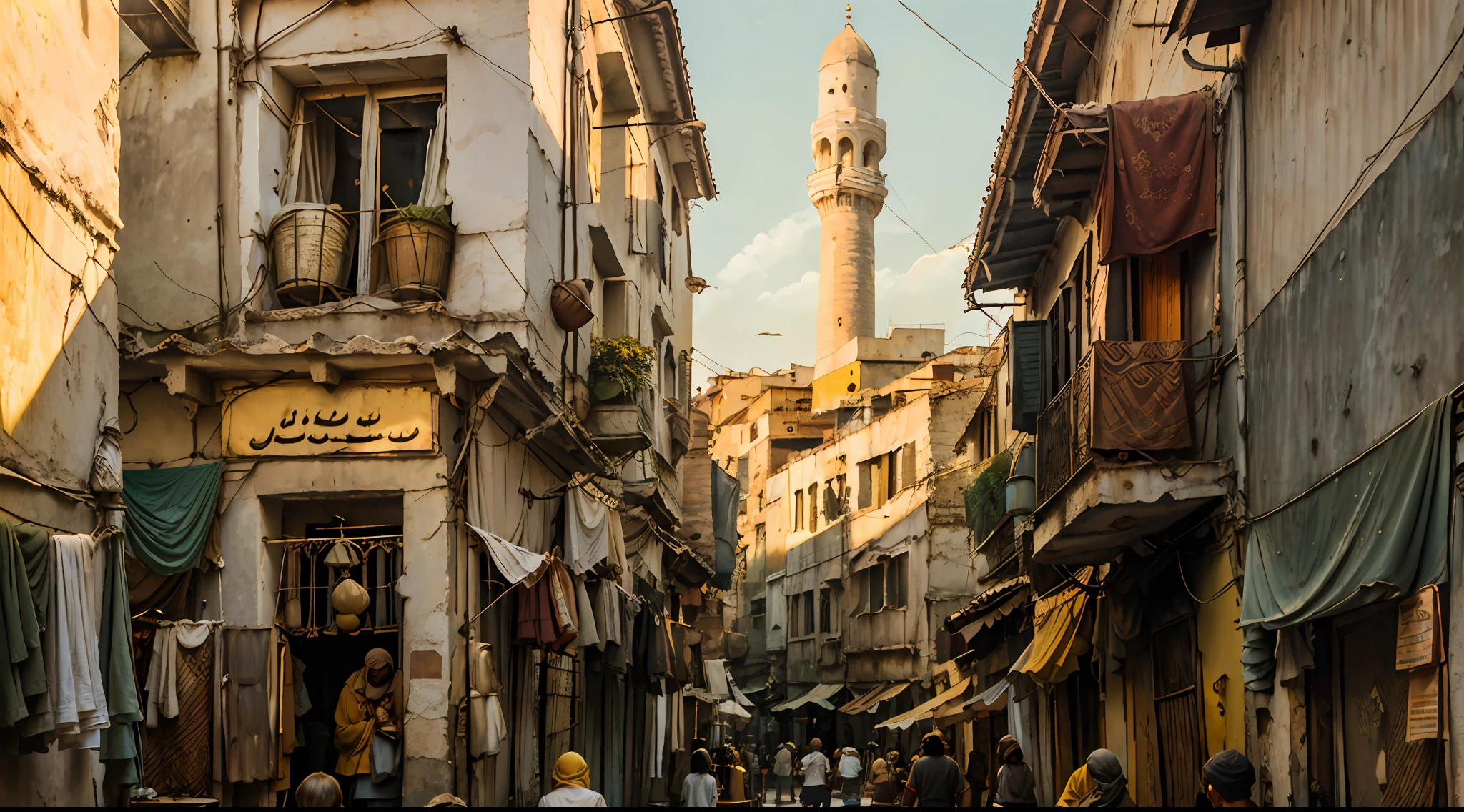 (low saturation, subtle vintage film look), quiet, narrow alleyways, shabby-chic buildings, street cats, colorful spices, warm-yellow evening light, a bustling market, music and chatter in the distance, a faint smell of roasting lamb, the call of prayer, a mosque peeking from between buildings.