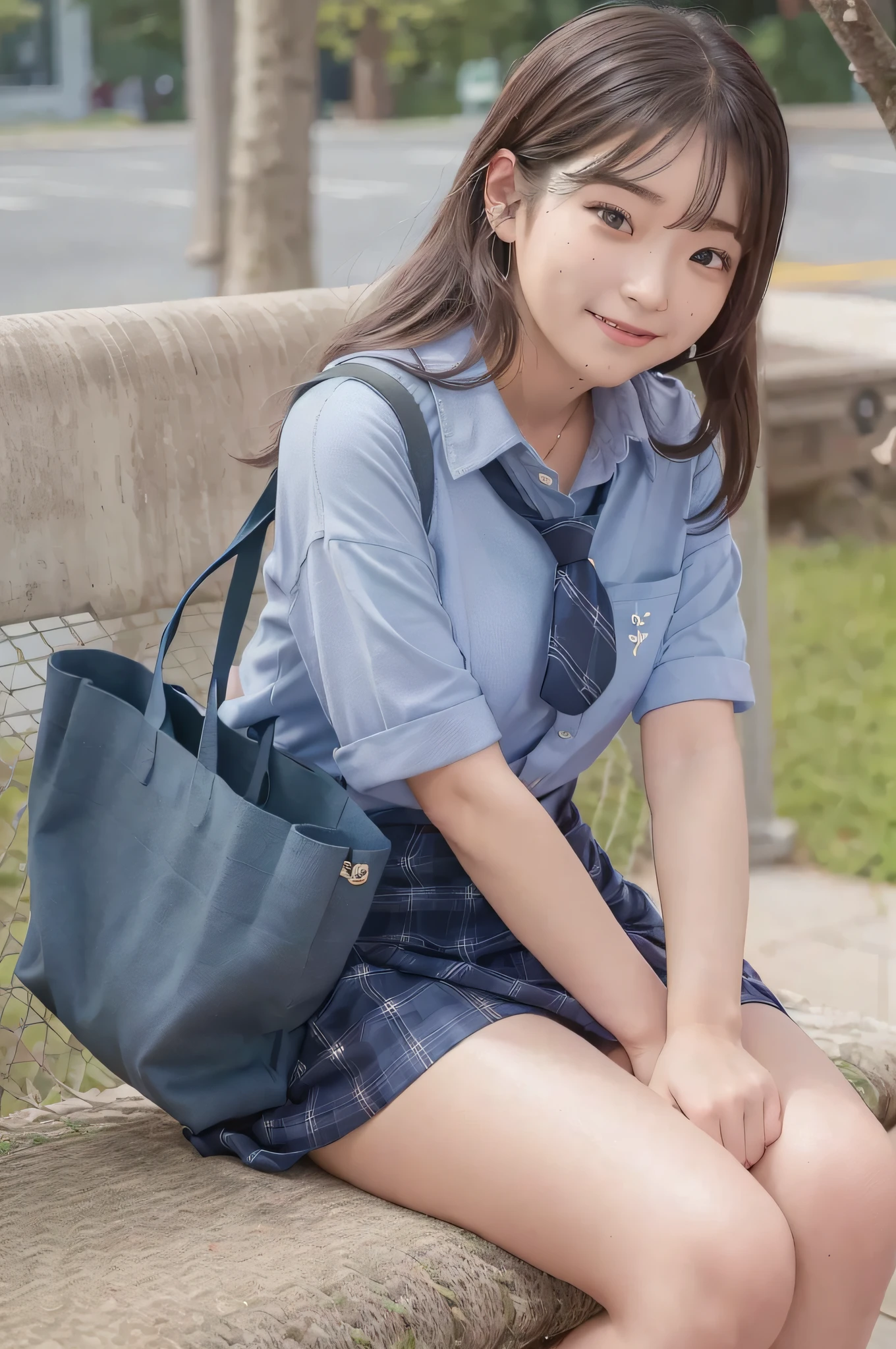 Very Smile,(Best Quality),(Masterpiece),(Super Detail),(Hi-Res),(8K Portrait),Production Art,Full Body,Park Bench,Sitting,Hands Tucked Between Crotch,Open Legs,Alone,Solo,Cute,Cityscape,Day,Blue Sky,(Wind:1.4),Delicate Face,Small Head,Brown Eyes,Short Sleeve Uniform,Silver-Blue Striped Tie,Blue Tartan Skirt, black tote bag, smile, happiness,