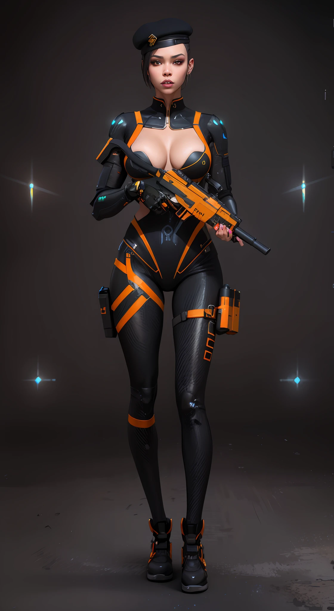 8k, complex, elegant, highly detailed, majesti, a close up of a woman in a black and orange outfit holding a , A stunningly realistic 18-year-old portrayed in a masterpiece of ultra-detailed artwork, cyberpunk 2 0 y. o model girl, rendered in sfm, 3 d render character art 8 k, sci fi female character, cyber suit, leeloo outfit, female lead character, sfm render, oppai cyberpunk, Police suit, like Rihanna aparence, realistic bootunning God-like beauty, cyberpunk femme fatale, scifi character, sci - fi character, high res render, looking at left, with the best quality and SFW imagery. --auto --s2