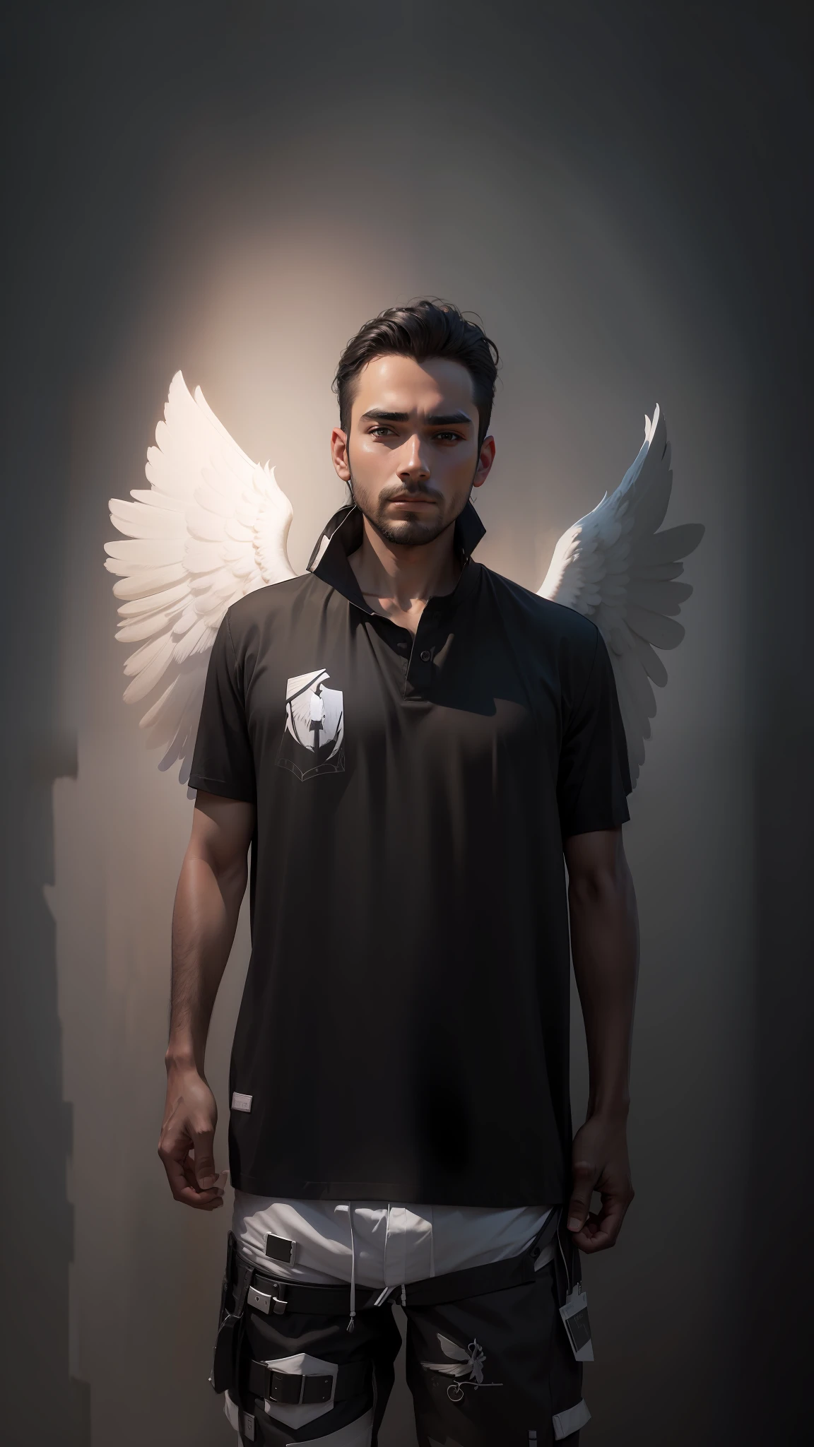 Man with angel wings wearing black shirt on a white background