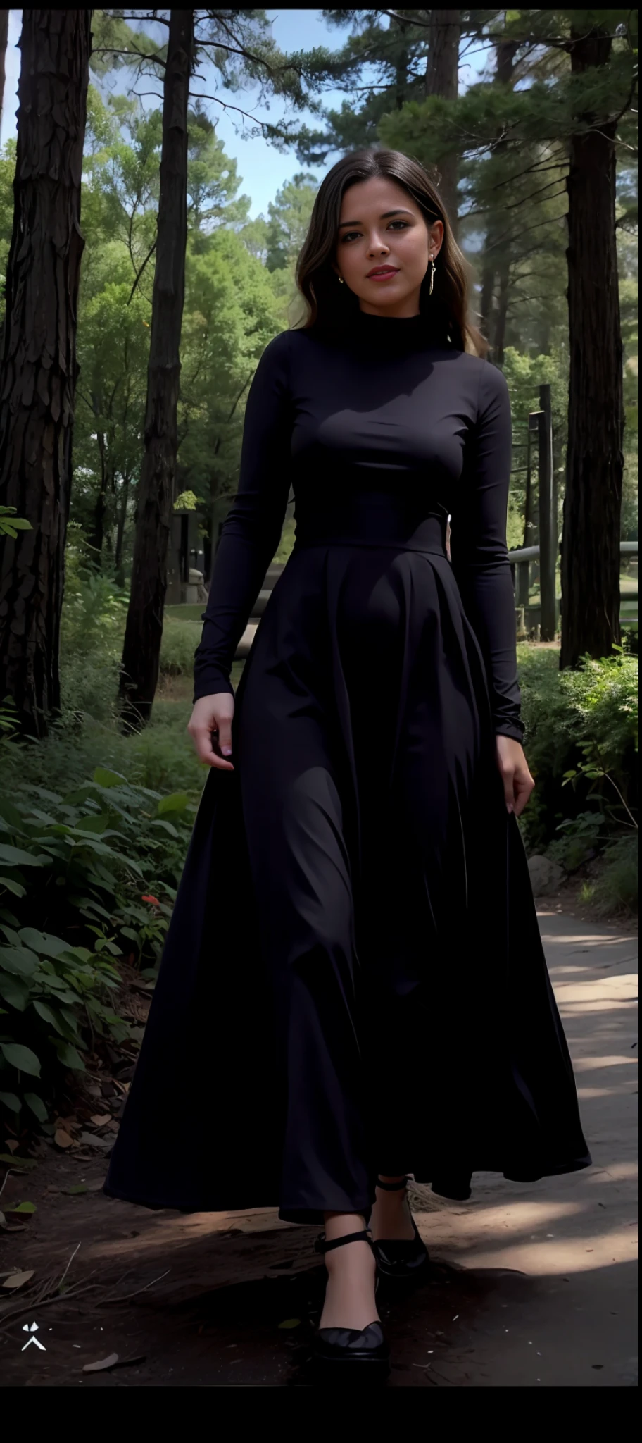 there is a woman walking down a path in a black dress, she is wearing a black dress, in front of a forest background, tiktok video, simple dress, wearing a dark dress, in a dress, low quality video, trees in the background, wearing a black dress, black dress, wearing black dress, flowing dress, airbrush dark dress, vine dress