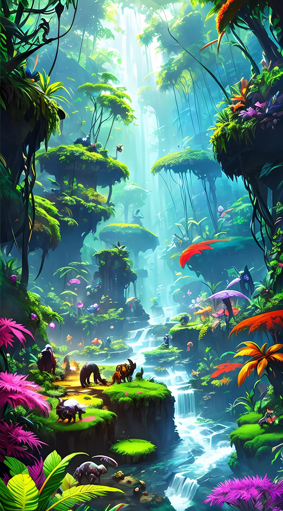 A jungle full with creatures, a masterpiece, 8k resolution, dark fantasy concept art, dynamic lighting, hyperdetailed, intricately detailed, Splash screen art, trending on Artstation, deep color, Unreal Engine, volumetric lighting, triadic complementary colours,