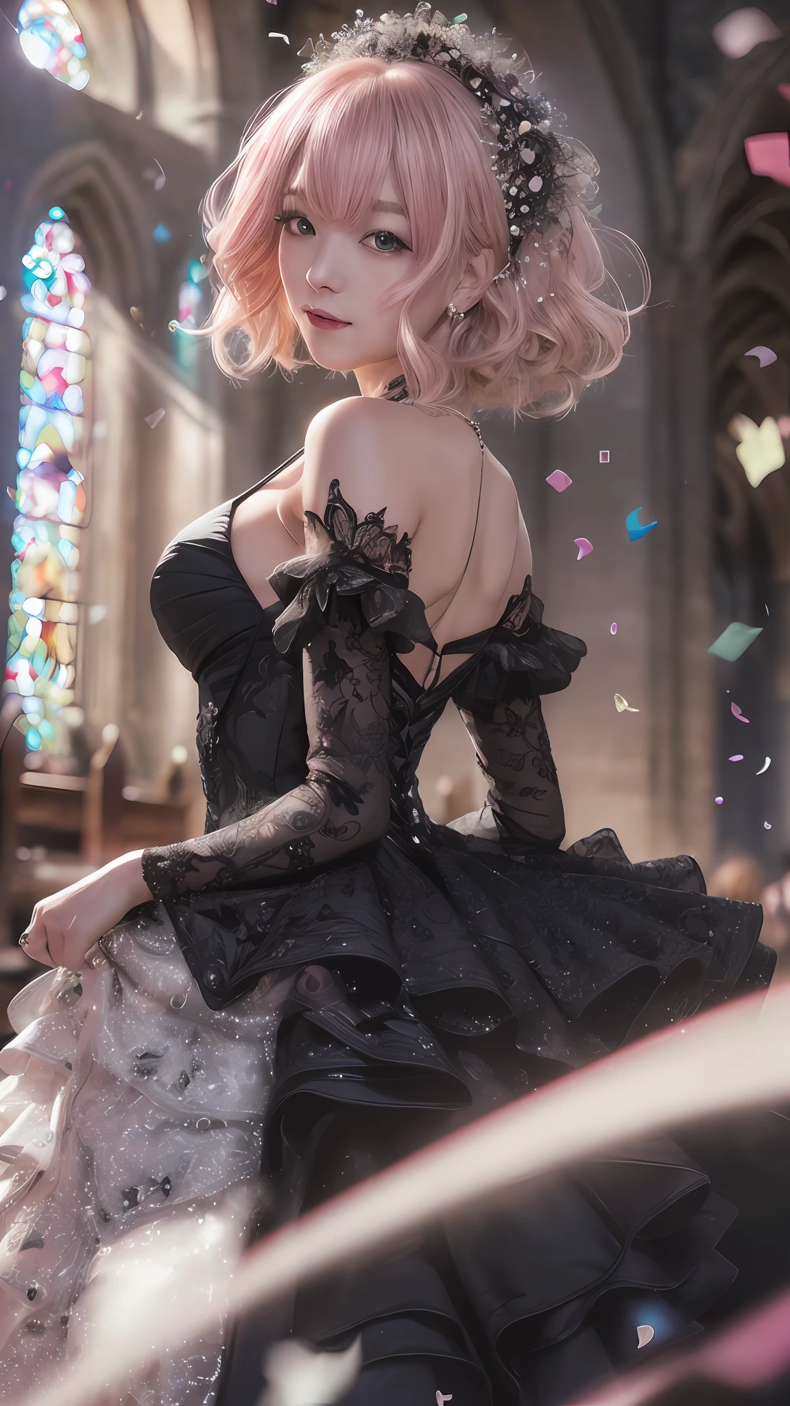 A stunning June bride in her black wedding gown looking back with ((joy)), true to life image, 1 girl, solo, Layered Bob, (Blonde and Pink Hair), Purple Clear Eyes,(Highest picture quality), (master's work), (realistic), ((extremely detailed CG unity 8k)), (((masterpiece))), (((ultra-detailed))), (best quality:1.4), (cinematic lighting), (illustration), (beautiful detailed eyes), (hyper intricate fine detail), (Highest picture quality), (master's work), (top quality), (beautiful and aesthetic), nsfw:0.5, (front of church), floating dress, (floating hair), (outdoors), ((batafly confetti)), (beautiful sunlight),