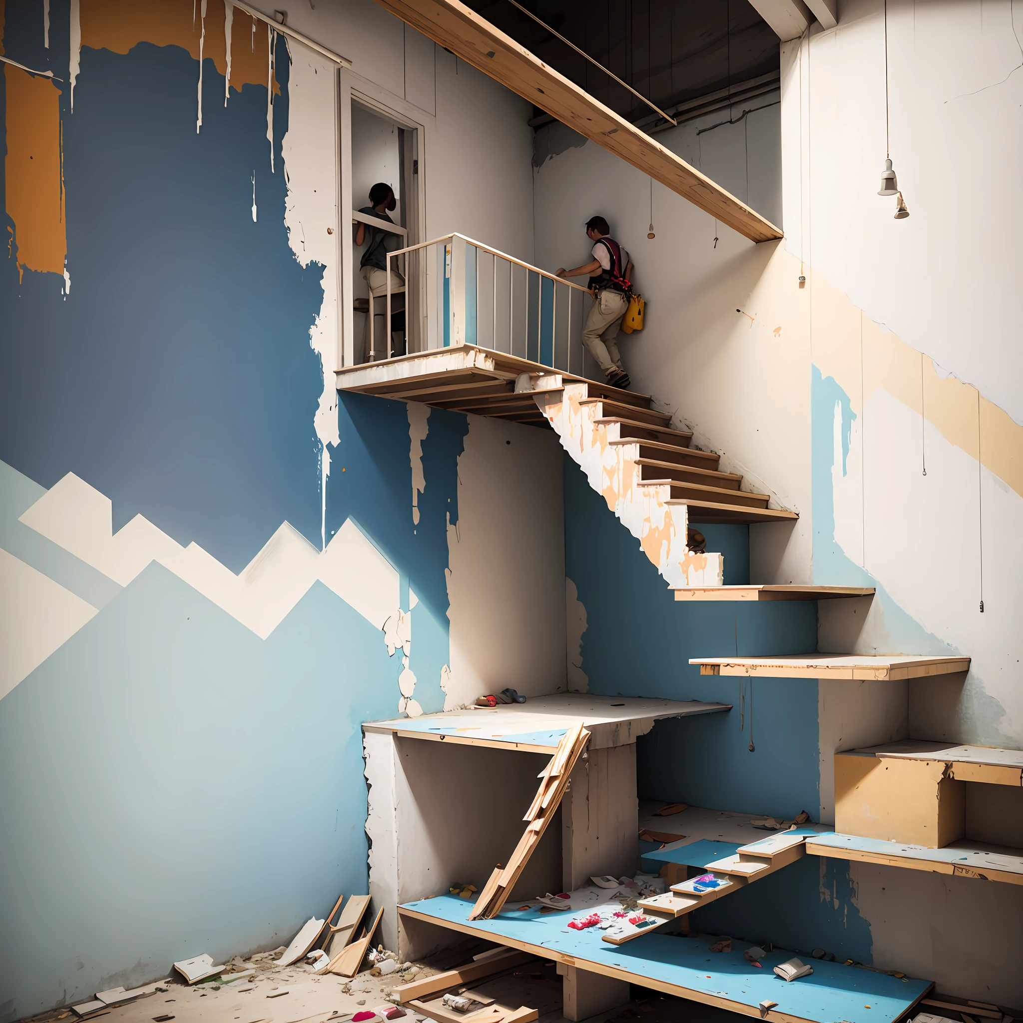 staircase, painting a wall in a room, walls are made of dry wall, mixed art, construction, colorful workshop of white wall, plaster, stucco walls, demolition, stretching for walls, promotional image, panels, construction site, framing, artistic interpretation, illustration, professional work, crafts, maintenance, photographic portrait --auto --s2