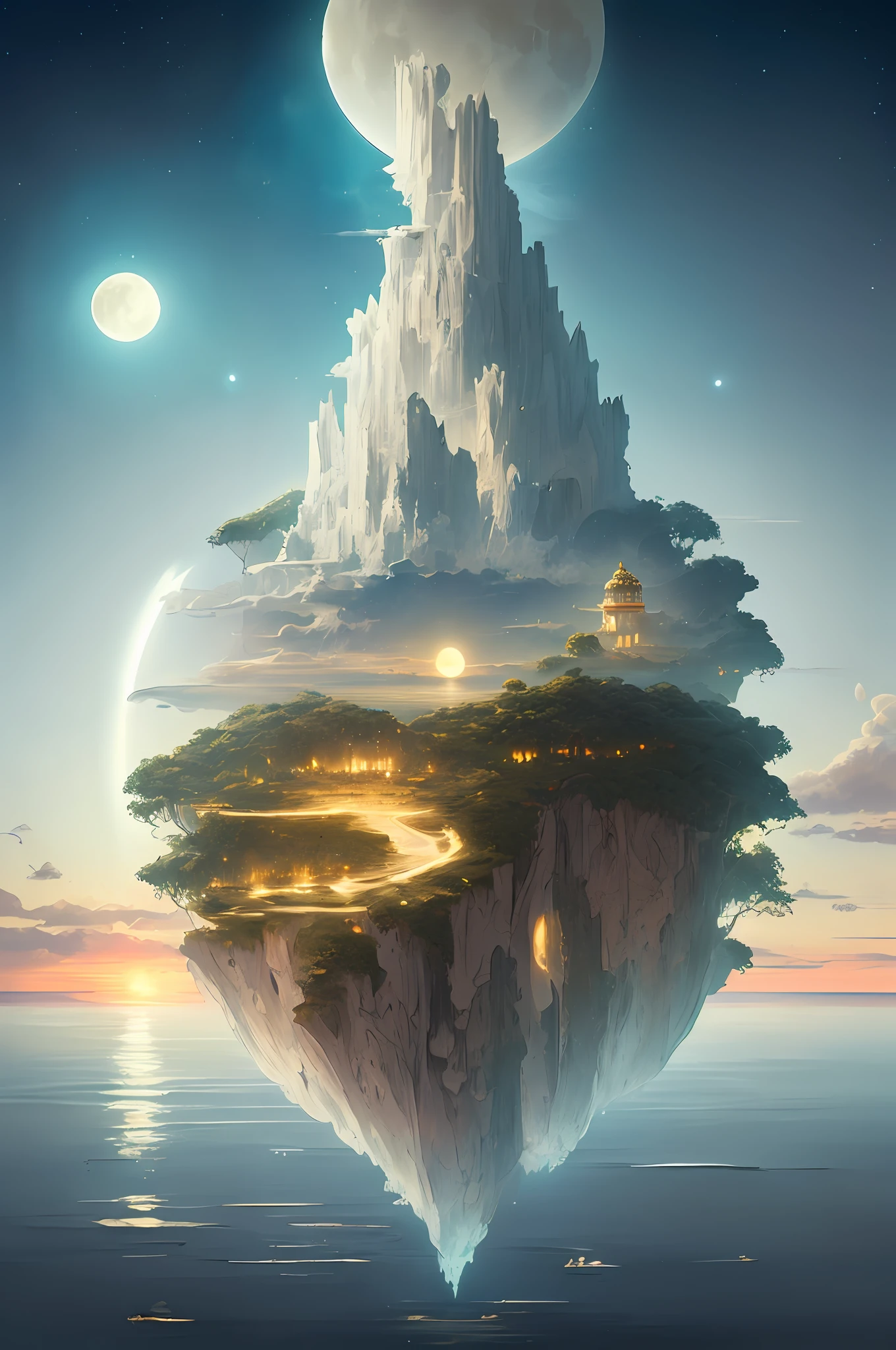 many plants around the island of flat relief floating in the sky, horizontal view of the island floating in the sky, ((((night))), (((landscape))), vibrant colors, volumetric lighting, ((two moons in the background)), high detail, 8k, hdr, uhd, professional design, island with golden palace in the center of it and white houses around, island floating in the sky, two moons together in the background of the island, Island with flat relief, floating plain, waterfalls on the edge of the floating island in the sky, sunset, many clouds