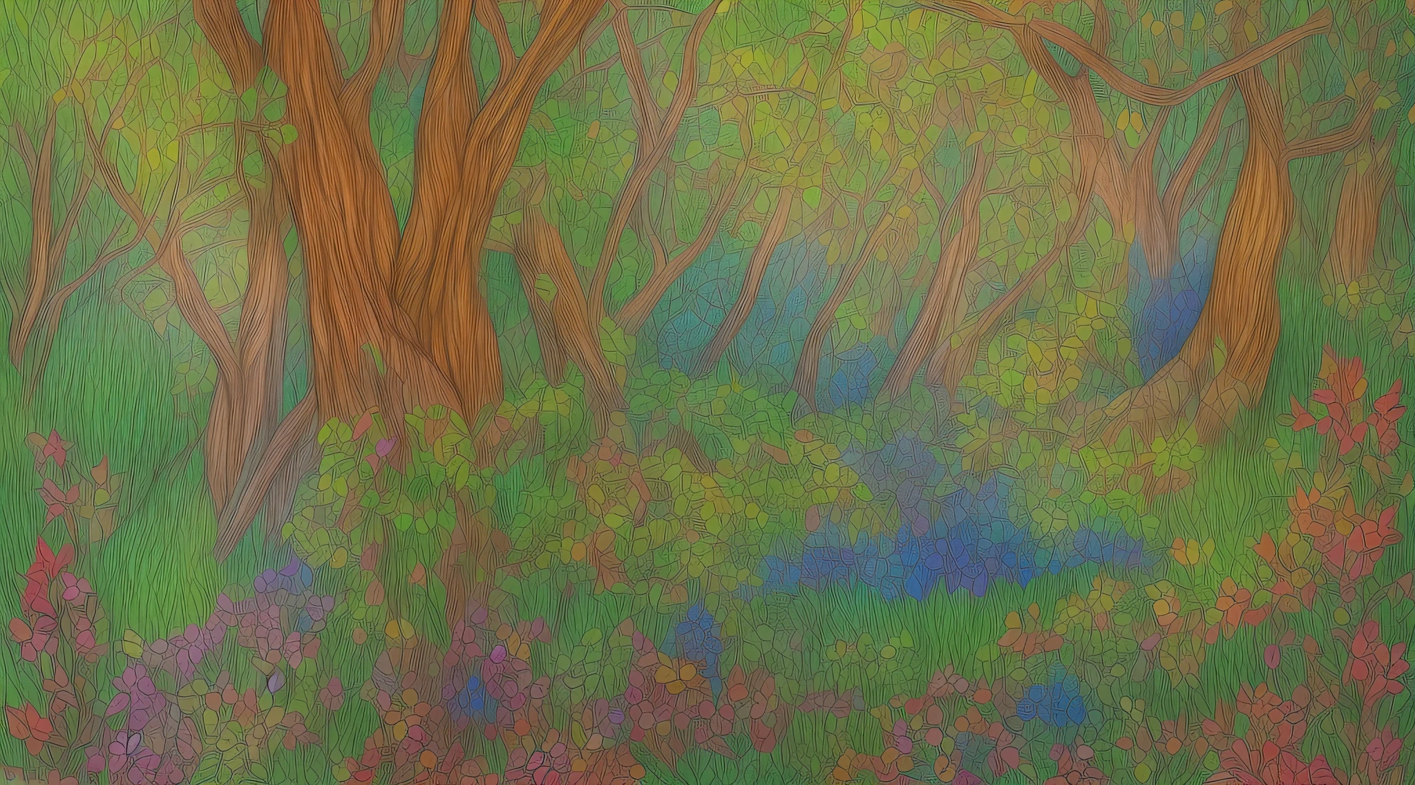 Magical forest with primary colors drawn in pencil