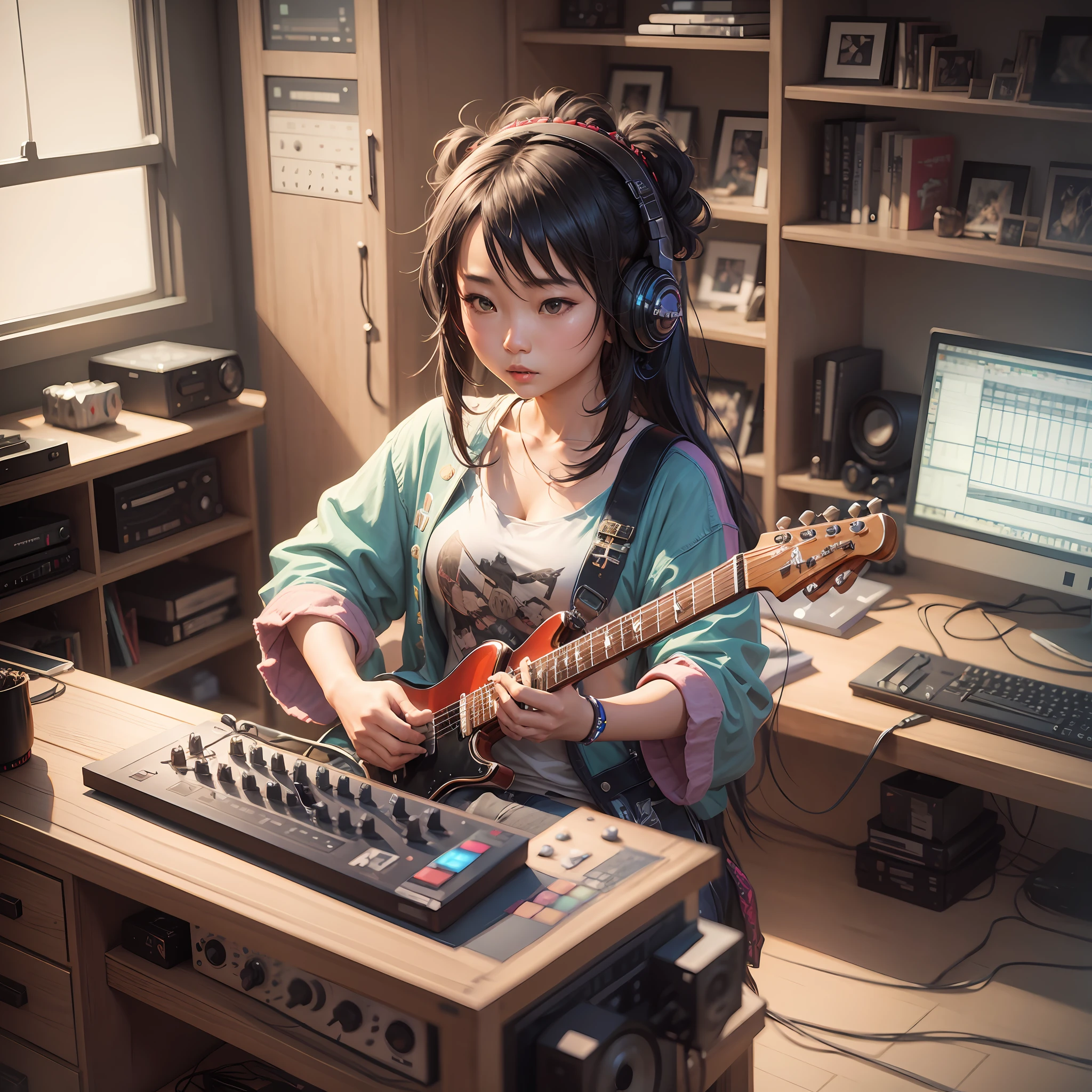 rockstar asian girl making music in a computer in a home studio by amano yoshitaka, digital art, digital painting, artstation trending, unreal engine, by rembrandt --auto --s2