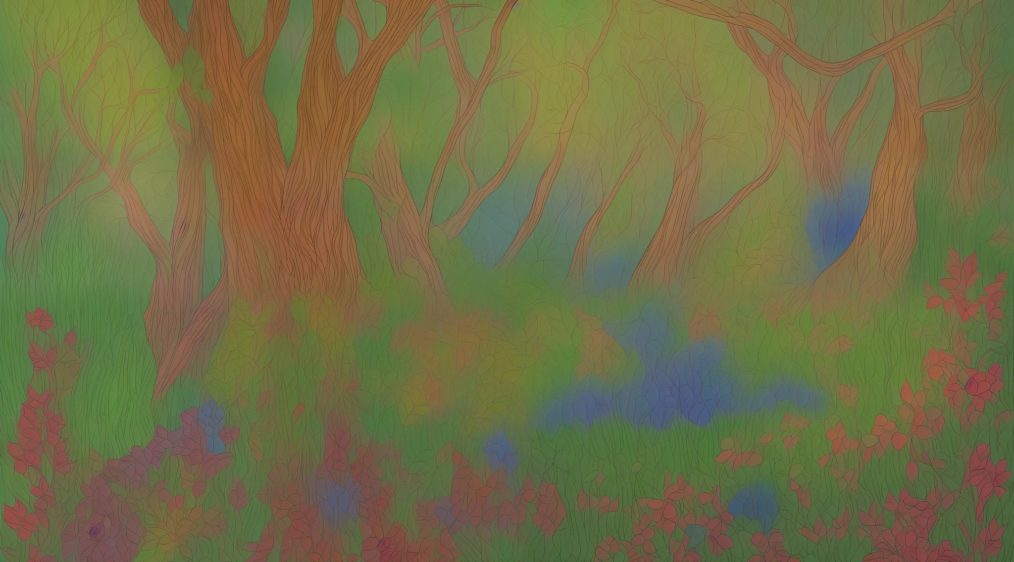 Magical forest with primary colors drawn in pencil