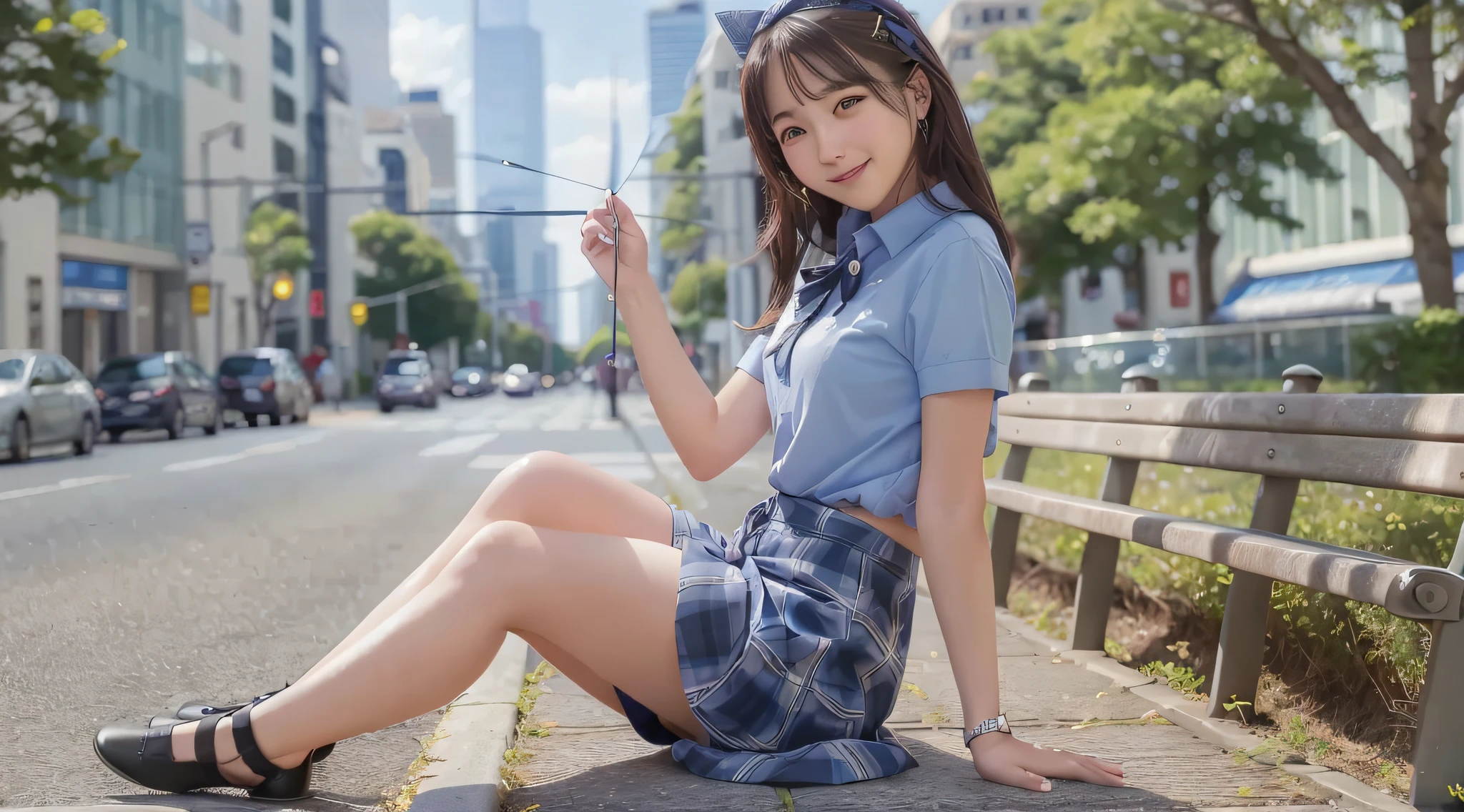 Very Smile,(Best Quality),(Masterpiece),(Super Detail),(Hi-Res),(8K Portrait),Production Art,Full Body,Park Bench,Sitting,Hands Tucked Between Crotch,Open Legs,Alone,Solo,Cute,Cityscape,Day,Blue Sky,(Wind:1.4),Delicate Face,Small Head,Brown Eyes,Short Sleeve Uniform,Silver-Blue Striped Tie,Blue Tartan Skirt, black tote bag, smile, happiness,