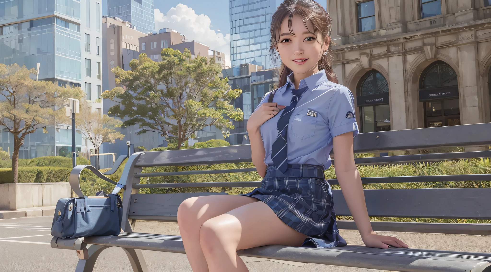 Very Smile,(Best Quality),(Masterpiece),(Super Detail),(Hi-Res),(8K Portrait),Production Art,Full Body,Park Bench,Sitting,Hands Tucked Between Crotch,Open Legs,Alone,Solo,Cute,Cityscape,Day,Blue Sky,(Wind:1.4),Delicate Face,Small Head,Brown Eyes,Short Sleeve Uniform,Silver-Blue Striped Tie,Blue Tartan Skirt, black tote bag, smile, happiness,