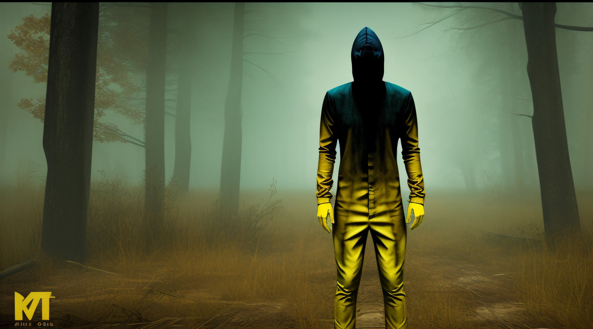 silent hill, horror, horror, ruins, man in colored bodysuit, yellow body, zentai suit, full bodysuit