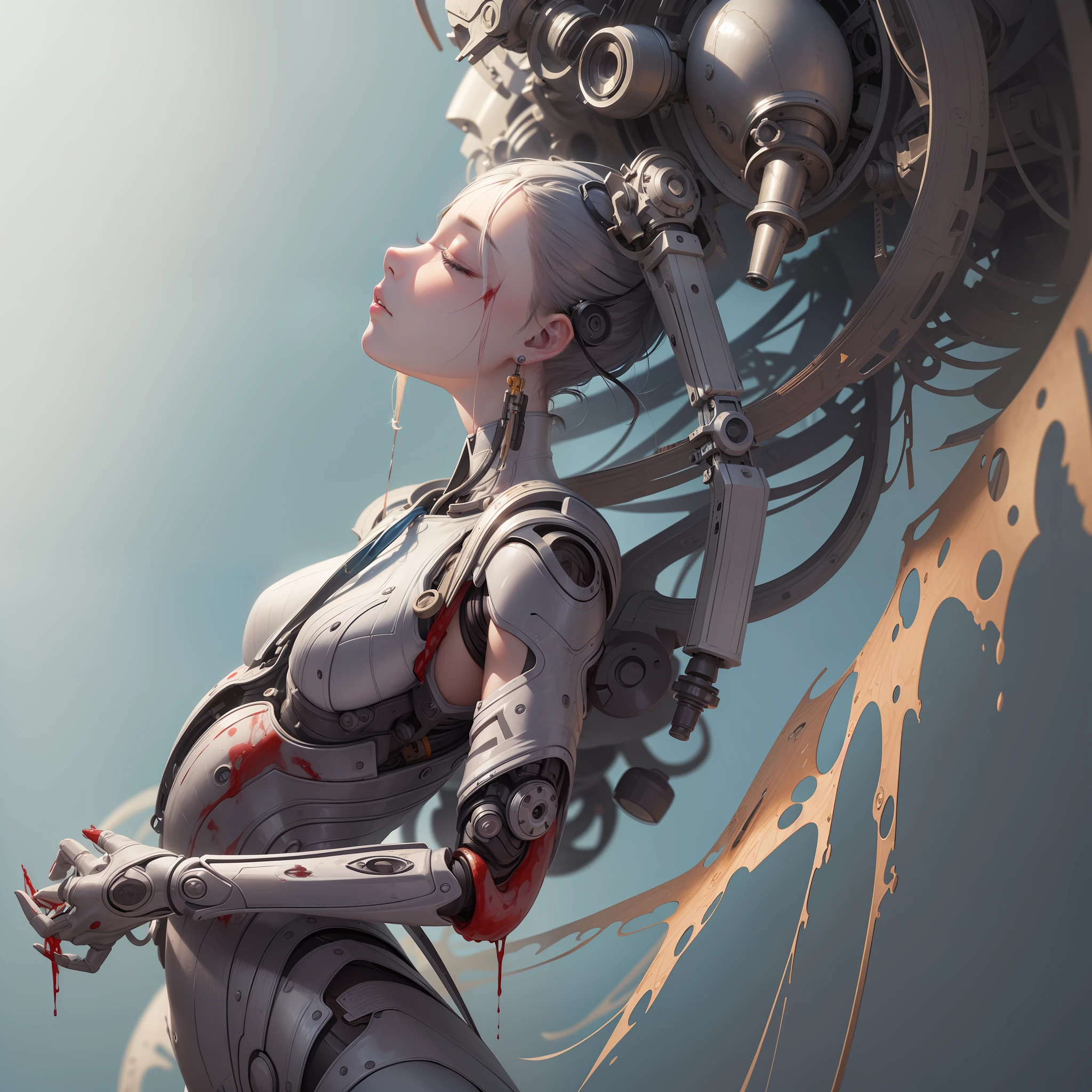 girl with closed eyes,extremely detailed, colorful, more detailed,solo,full body,machine-made joints,mechanical limbs,blood vessels connected to tubes,mechanical vertebra attached to the back,mechanical cervial attached to the neck,lying,expressionless,focus on character,science fiction, white background, (blood: 1,5),((masterpiece)))), (((best quality))), (((ultra-detailed)), (hyper-realistic), (highly detailed CG illustration), cinematic light, photorealistic