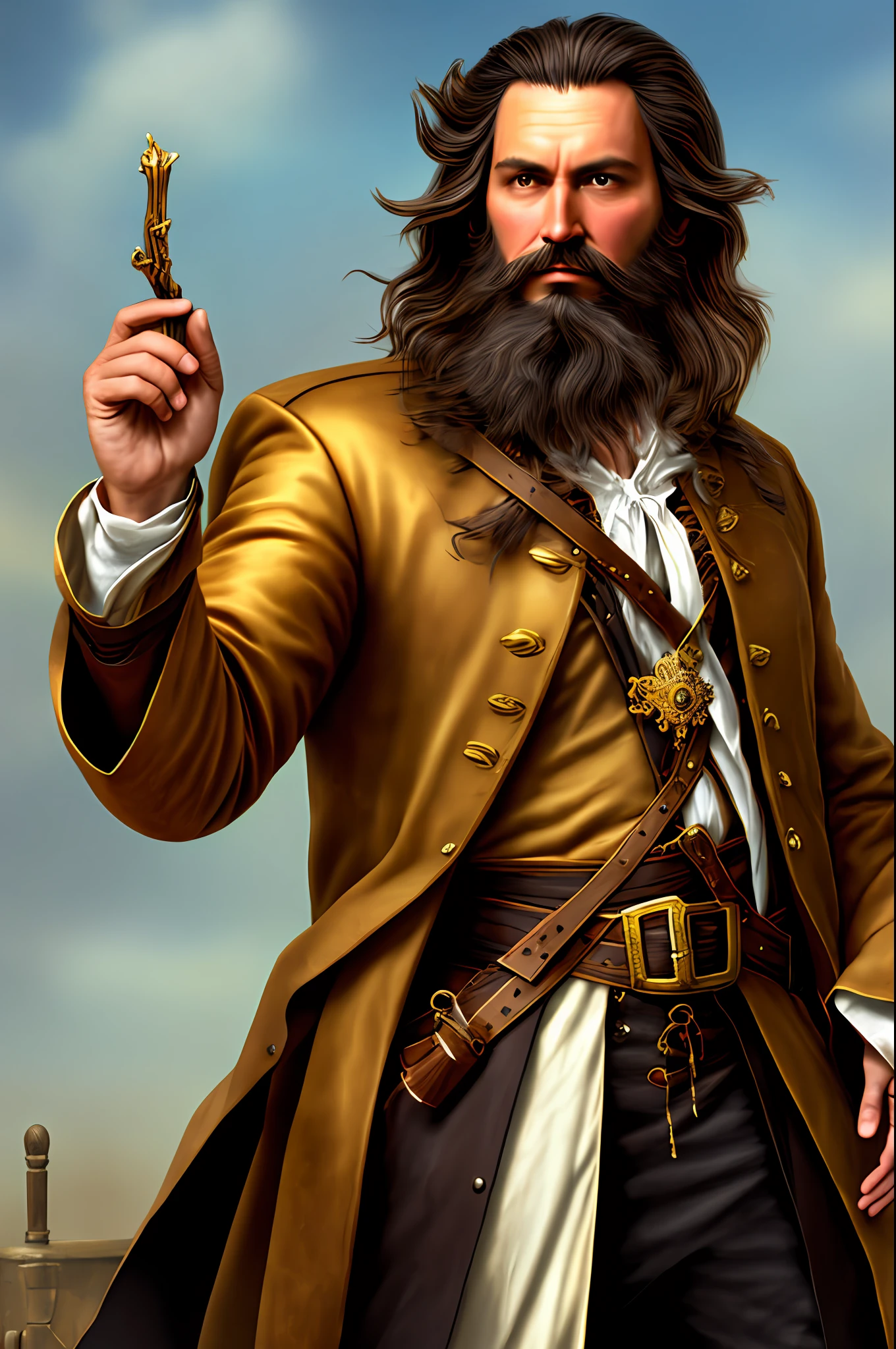 Man, American, long brown hair, pirate, big beard, brunette, tall and relatively strong, a little old, gold cords and rings.