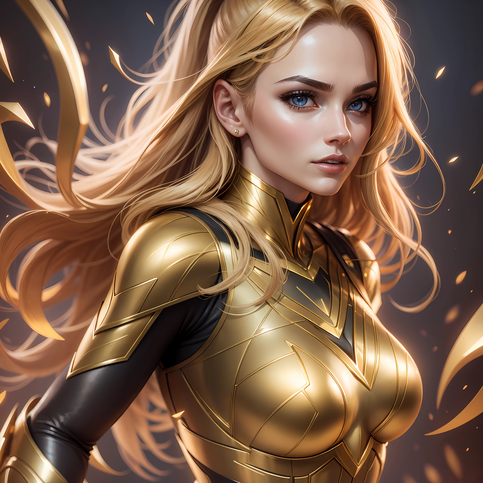 A very beautiful woman with a realistic whole body. Super Hero Gold Woman Action Gold 3DLogo Amazing Movie Highly Detailed Detailed Face Detailed Suit Cgi 8k Resolution --auto --s2