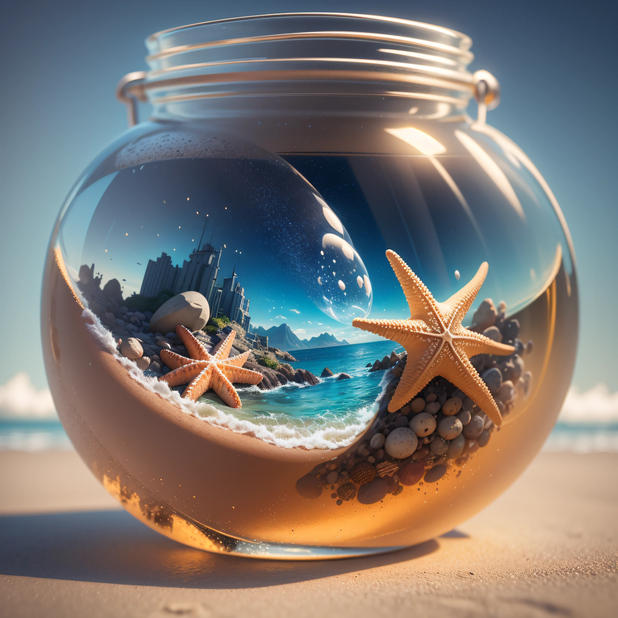 there is a bottle with a starfish inside of it on the beach, ship in a bottle, galaxy in a bottle, rendered art, by Adam Marczyński, beautiful digital artwork, 3d render digital art, stunning digital illustration, rendered illustration, 3 d render stylized, 3 d artistic render, ultra realistic 3d illustration, stylized 3d render --auto --s2