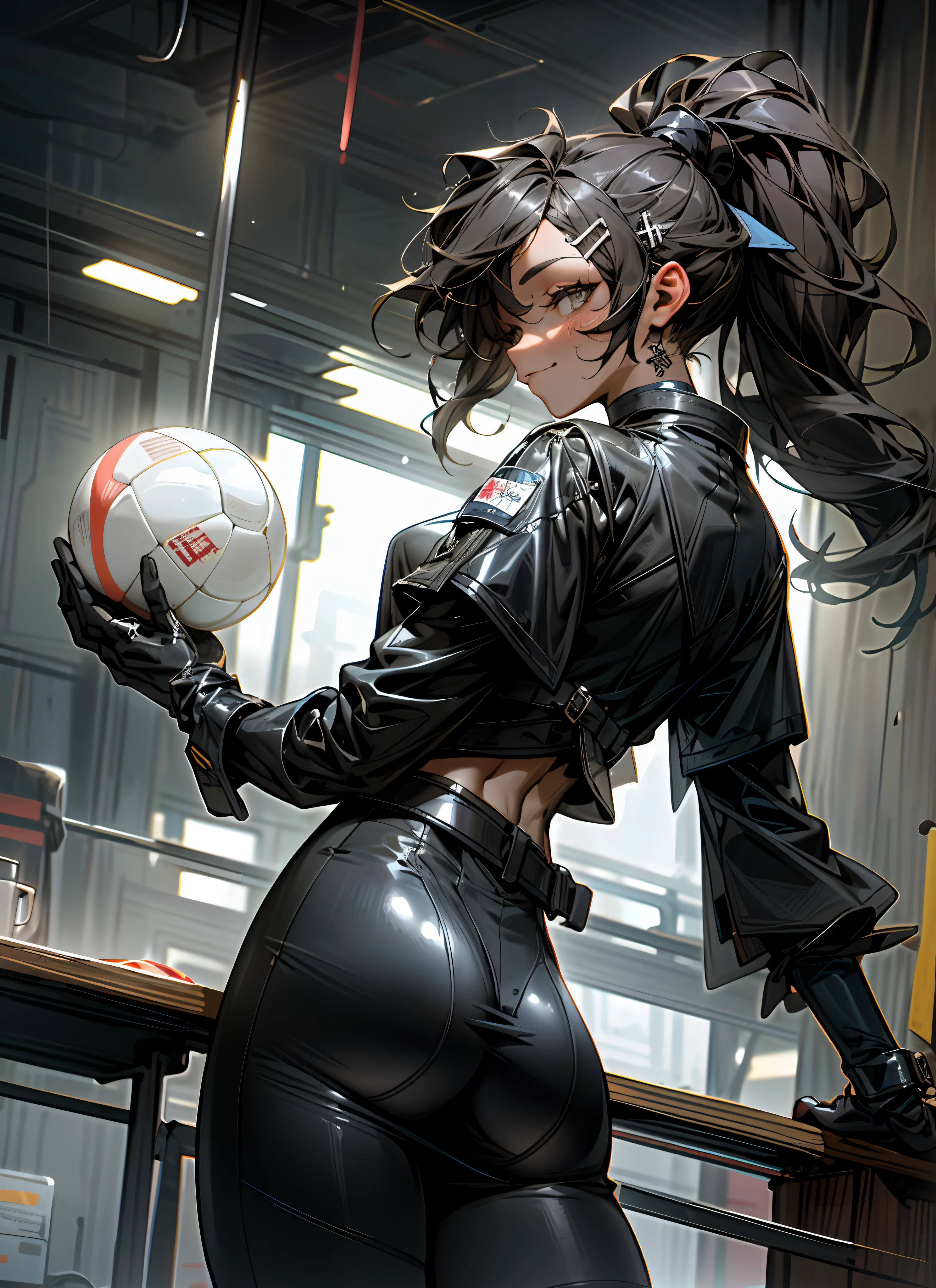 smiling Face ,nsfw, BDSM ,slave ,Black Bondage,((Best Quality, 8k, Masterpiece:1.3)),(Layer Cut, Big:1.2),Beautiful young girl with Perfect Figure: 1.4、Crisp Focus: 1.2, Slender Abs:1.2、Wet Body:1.5、Highly Detailed Face and Skin Texture, Detailed Eyes ,Double Eyelids ,ponytail ,hair clip ,choker , looking back , pantyhose  , sombre background  , rubber latex gloves, ass ,looking back, baseball balls in hand