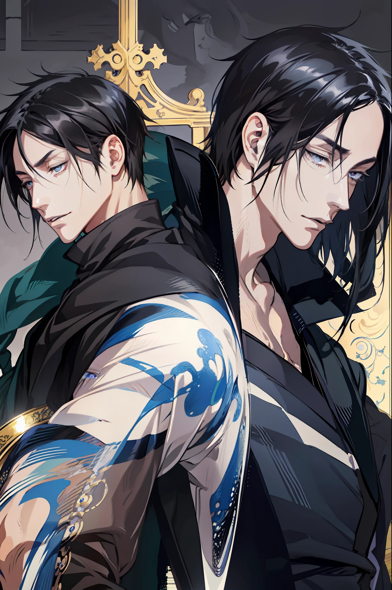 (absurd, high resolution, ultra detailed), 1 man, adult, handsome, tall and muscular boy, broad shoulders, finely detailed eyes and detailed face, short black hair, sasuke, onyx colored eyes, aristocrat, magnificent background, shadow effect, throne,(anime), sasuke uchiha.