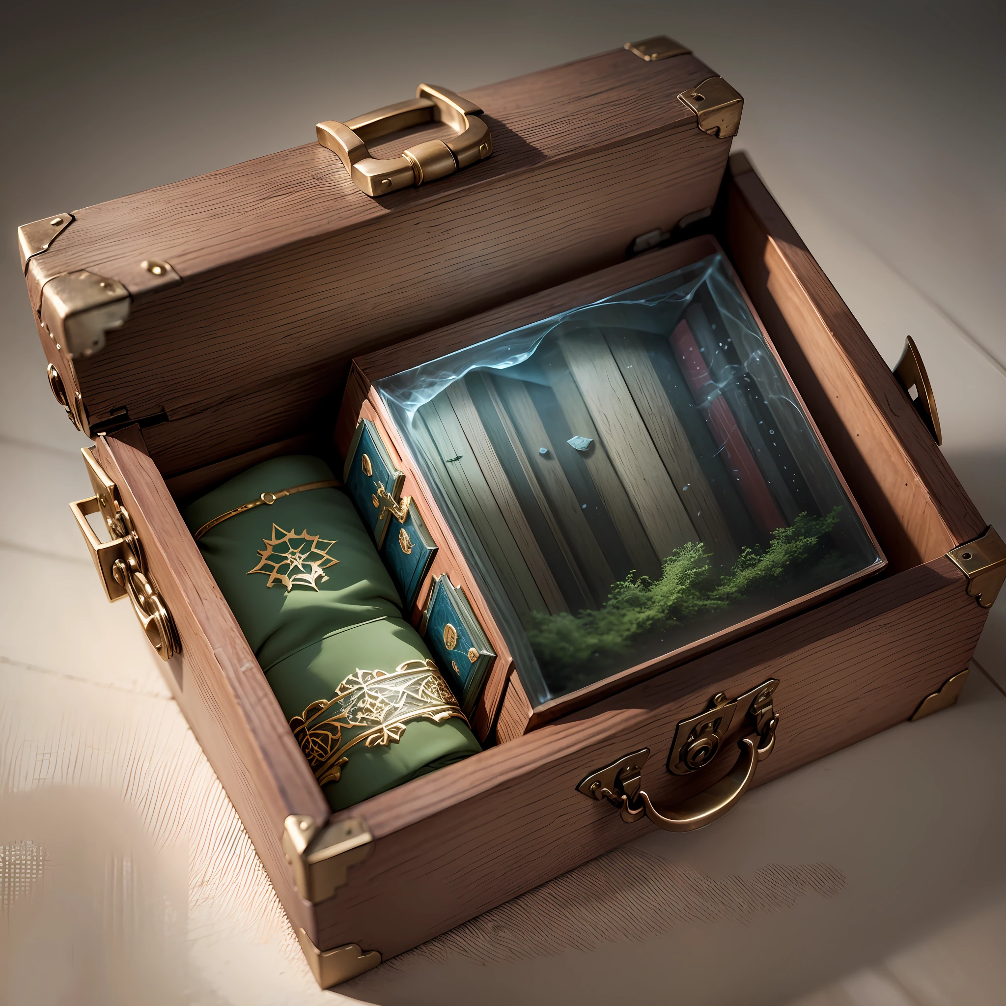 an ordinary chest with enchanted books inside, minimalist background, 2D image, slightly distanced object --auto --s2