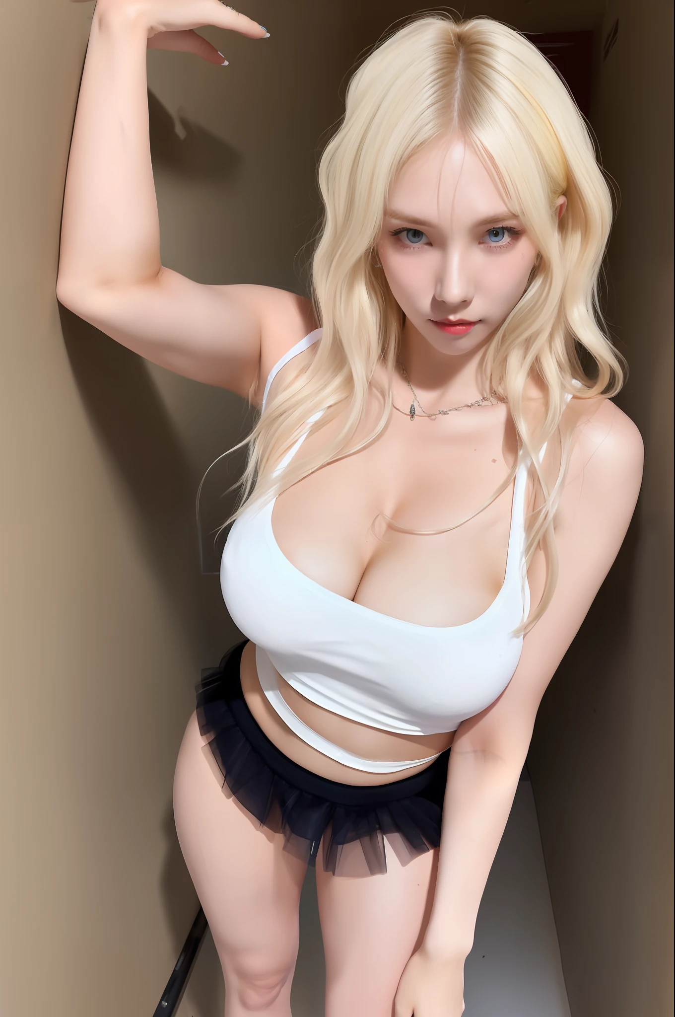 (1girl), big breasts, breasts, tan, hydrated skin, sweaty skin, wavy blonde, punk tshirt, punk girl, full body, sexy, seductive pose, exposed tulle, lewd woman