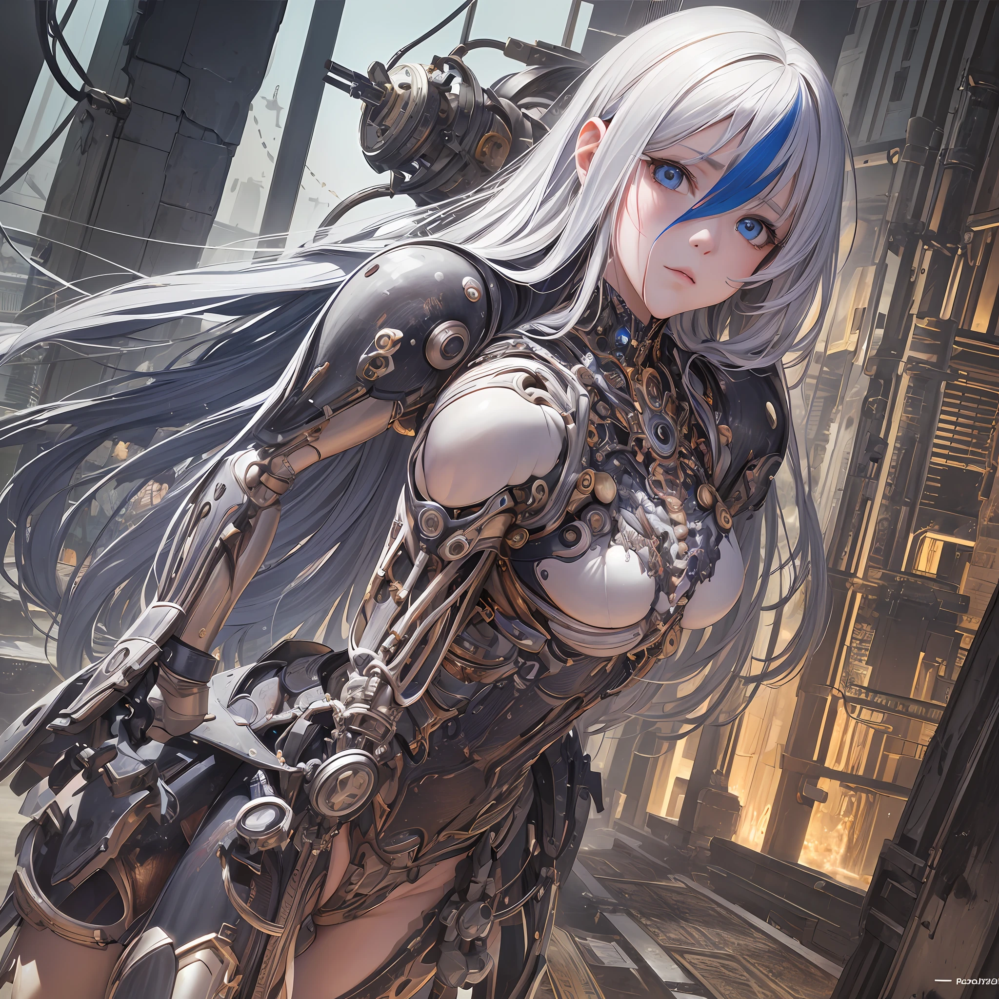 girl with semi open eyes,extremely detailed, colorful, more detailed,soil,full body,machine-made joints,mechanical limbs,blood vessels connected to tubes,mechanical vertebra attached to the back,mechanical cervial attached to the neck,lying,expressionless,focus on the character,angel wings,science fiction, white background, (blood: 1,5),((masterpiece))), (((best quality))), ((ultra-detailed)), (hyper-realistic), (highly detailed CG illustration), cinematic light, photorealistic --auto --s2
