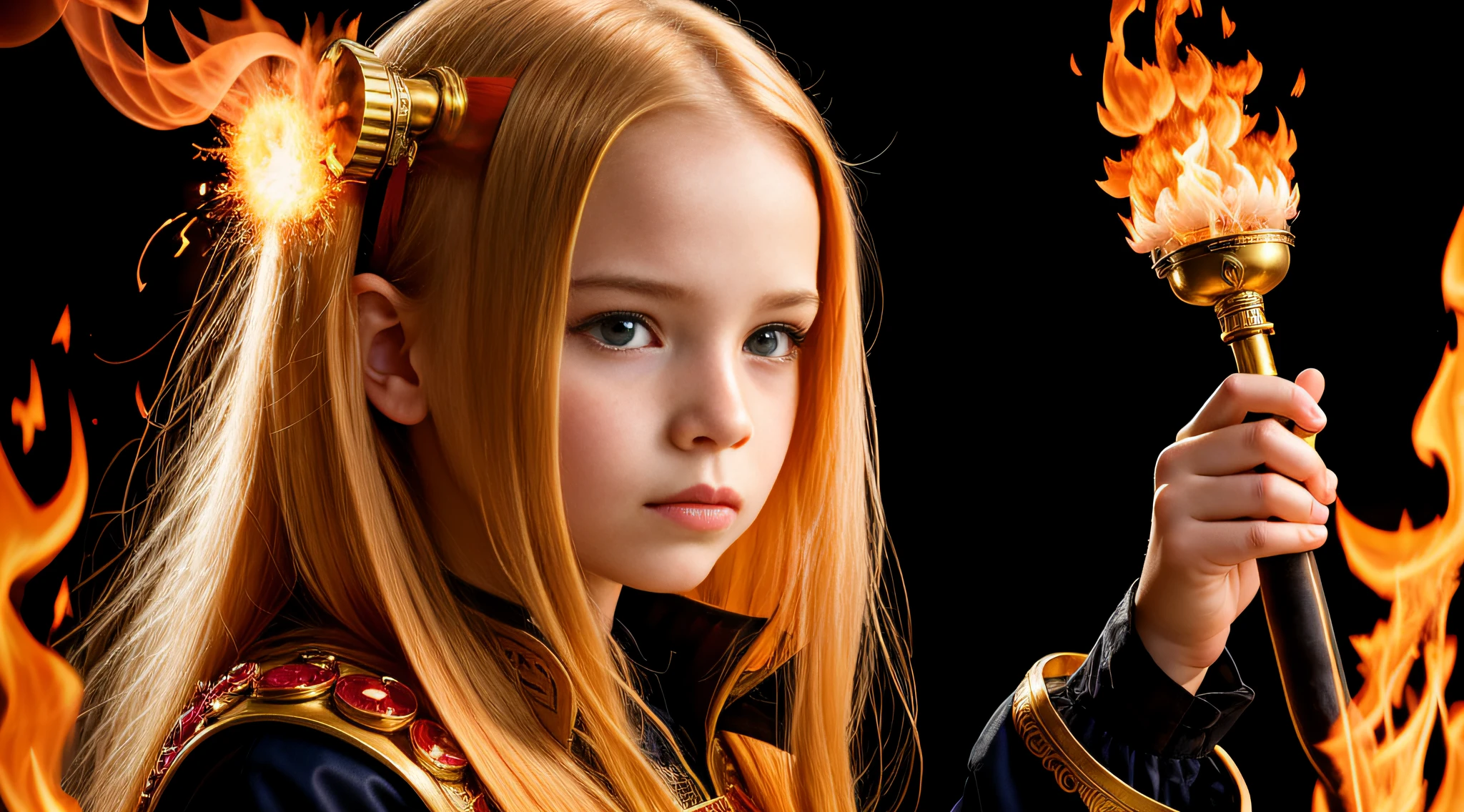 girl CHILD , blonde straight hair very long, PORTRAIT STYLE, CLOSE UP, a fireball in hand, evil steampunk pyromancer woman, casting fire spell, she has fire powers, steampunk chandra fire queen, fire hair, sorceress casting a fireball, flame conjuration, casting a fire spell, fire spell, fire goddess, fire goddess, flaming hair, fire breath