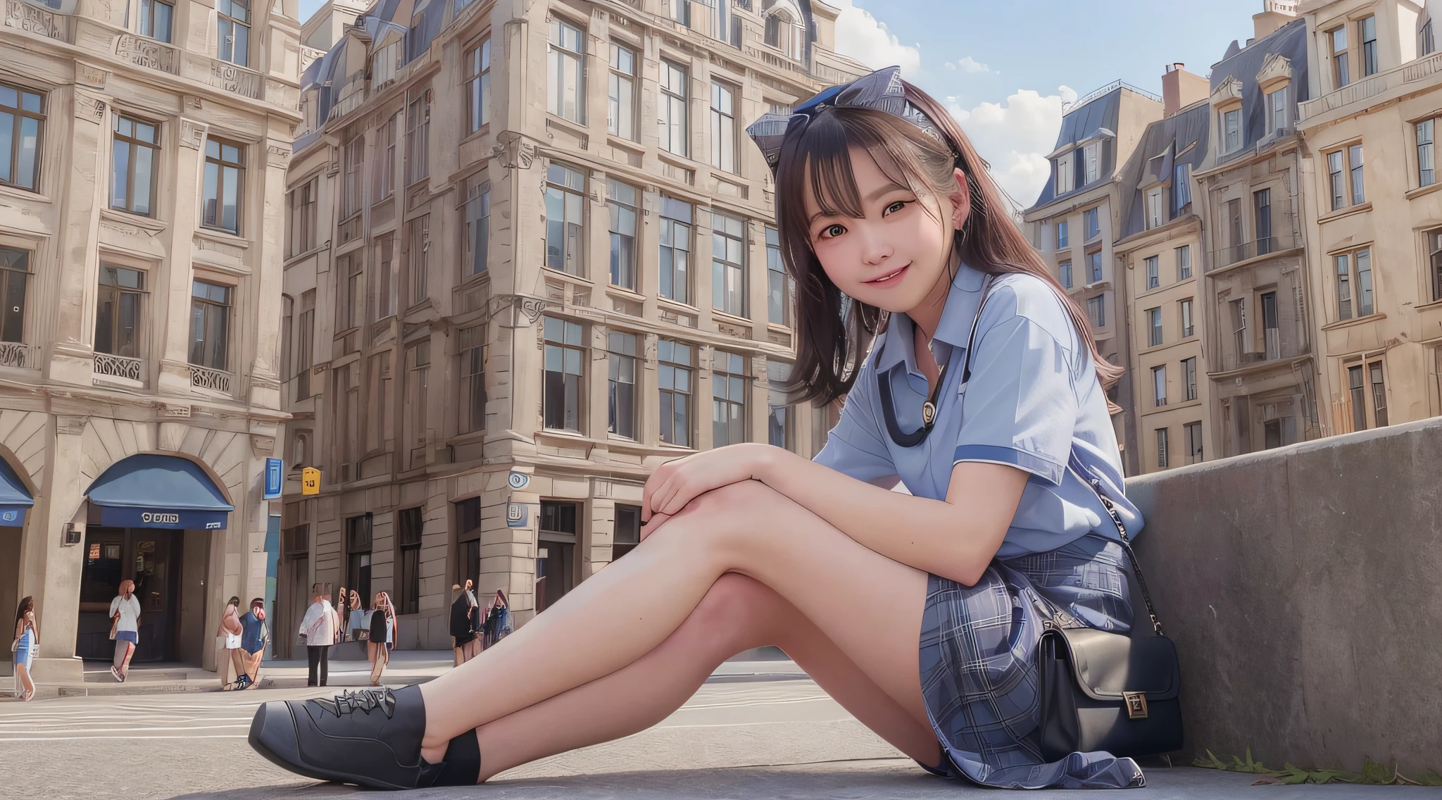 Very Smile,(Best Quality),(Masterpiece),(Super Detail),(Hi-Res),(8K Portrait),Production Art,Full Body,Park Bench,Sitting,Hands Tucked Between Crotch,Open Legs,Alone,Solo,Cute,Cityscape,Day,Blue Sky,(Wind:1.4),Delicate Face,Small Head,Brown Eyes,Short Sleeve Uniform,Silver-Blue Striped Tie,Blue Tartan Skirt, black tote bag, smile, happiness,