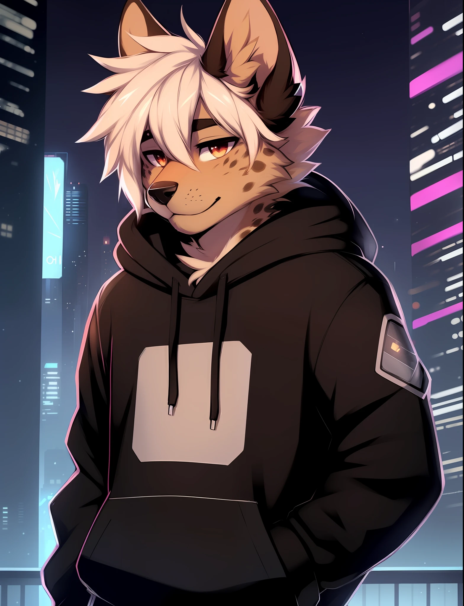 by zackary911, (coffeesoda:1.1), hioshiru, zackary911, spotted hyena , mammal, anthro, male, solo, clothing, fur, 2022, black clothing, hoodie, black topwear, lidded eyes, black hoodie, cyberpunk city background