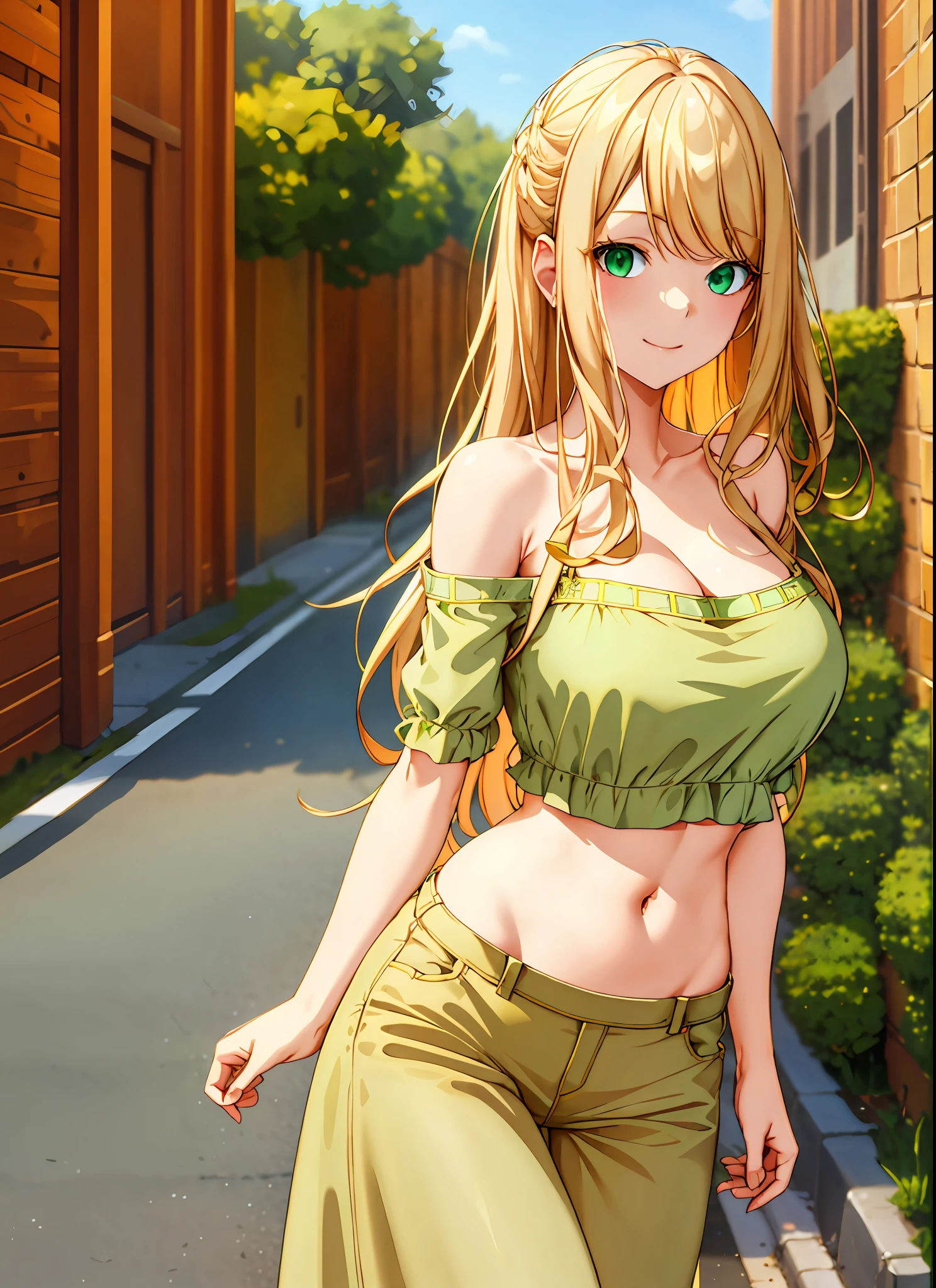 masterpiece,high quality,4k, beige hair,bangs,bare shoulder,belly,crop top,outdoor,green eyes,cleavage,jeans,casual dress,street,road,smile