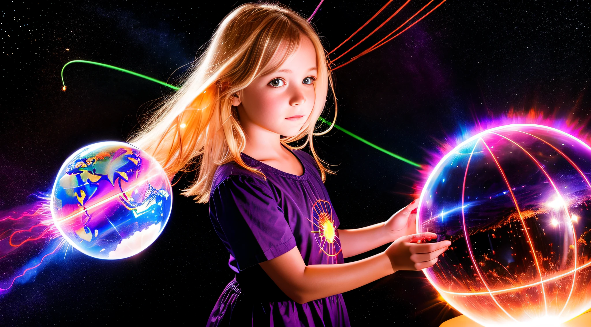 girl CHILD , blonde straight hair very long, PORTRAIT STYLE, CLOSE UP, a ball of a plasma ball in hand, plasma with a red ball in the middle, plasma globe, a large sphere of red energy, plasma charges, spinning plasma, aura of electricity, plasma, inner glow of plasma neon, energy spheres,  colored plasma hairs, lightning arc plasma, tesla coil, electrons, plasma rays, electric aura, glowing sphere, purple energy, electrifying