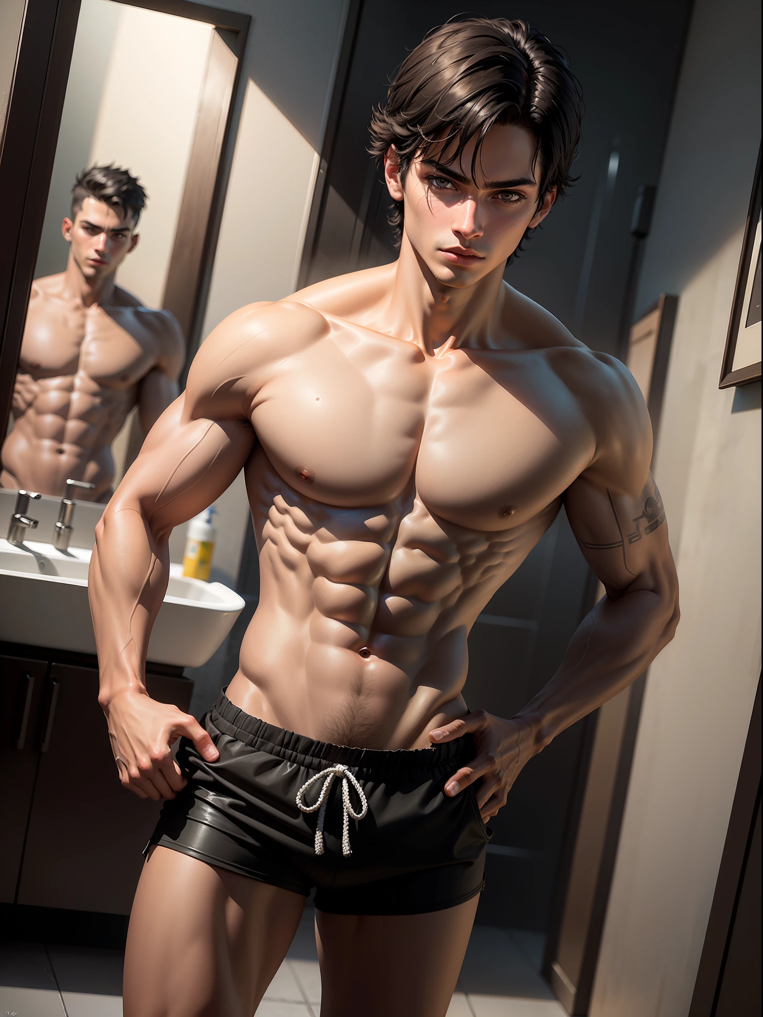 Brazilian, realistic, detailed, distant view, sexy, age boy, young, short straight black hair, black eyes, towel on hips, arrogant look, bathroom, bathroom, lying in bathroom, realistic eyes, detailed face, detailed hands, detailed legs, detailed fingers, detailed hair, detailed eyes, detailed skin, showing the, dynamic lighting, (photorealistic: 1.4), 8k uhd, (hyper realistic), (realistic photo), (masterpiece), (best quality)