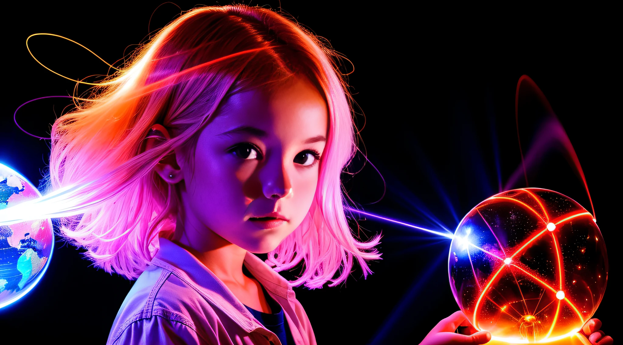 girl CHILD 10 years old, blonde straight hair very long, PORTRAIT STYLE, CLOSE UP, of a plasma ball with a red ball in the middle, plasma globe, a large sphere of red energy, plasma charges, spinning plasma, aura of electricity, plasma, inner glow of plasma neon, energy spheres, colored plasma hair,  lightning arc plasma, tesla coil, electrons, plasma rays, electric aura, glowing sphere, purple energy, electrifying