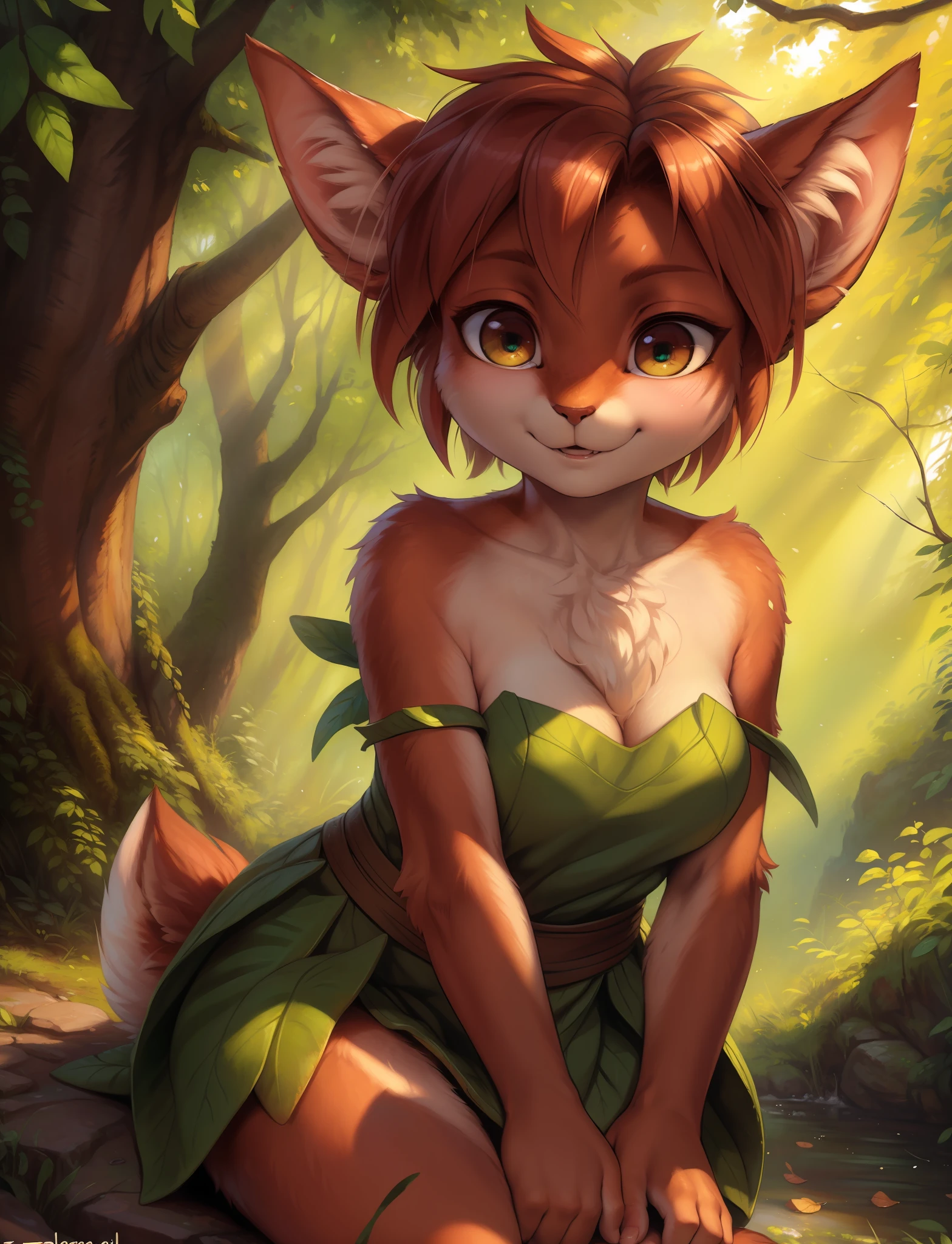 by kenket, by totesfleisch8, (by thebigslick, by silverfox5213:0.8), (by syuro:0.2), elora furry, detailed and extremely fluffy body fur, fluff, masterpiece, looking up beautiful surroundings, detailed background, happy, leaf-dress, (uploaded on e621,8k, RAW photo, high resolution,high quality), ((masterpiece)), female, (wear shirt and bottomless), (front view), (cinematic lighting), backlighting, (shaded), detailed background, by dagasi, (by personalami), [by Ruan Jia], photorealistic, hyperrealistic,