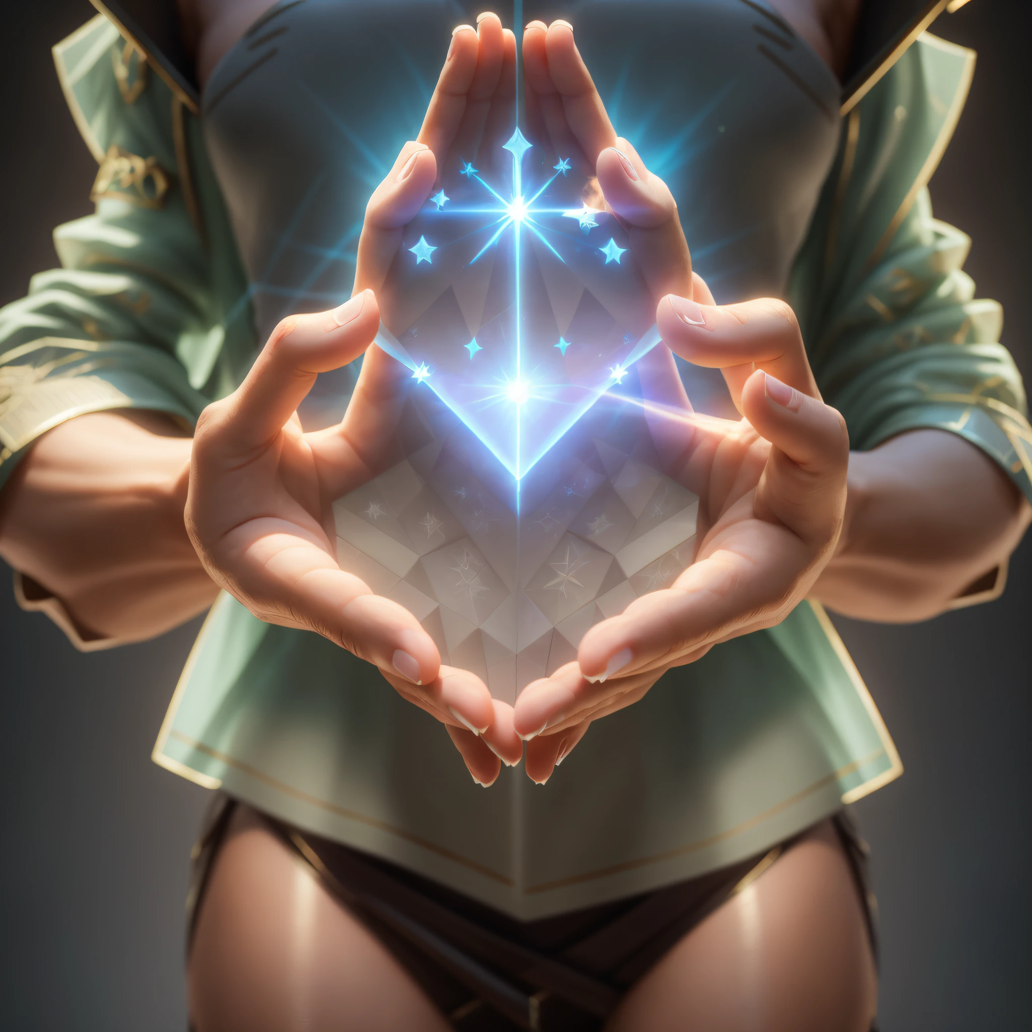 someone is holding a glowing star in their hands, unreal engine render + a goddess, 3 d render beeple, unreal engine render saint seiya, rendered in corona, artgerm ; 3d unreal engine, 3 d render stylized, holding a holy symbol, ( ( unreal engine ) ), 3 d render character art 8 k, ethereal hologram center