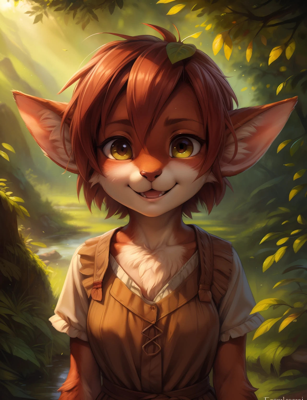 by kenket, by totesfleisch8, (by thebigslick, by silverfox5213:0.8), (by syuro:0.2), elora furry, detailed and extremely fluffy body fur, fluff, masterpiece, looking up beautiful surroundings, detailed background, happy, leaf-dress, (uploaded on e621,8k, RAW photo, high resolution,high quality), ((masterpiece)), female, (wear shirt and bottomless), (front view), (cinematic lighting), backlighting, (shaded), detailed background, by dagasi, (by personalami), [by Ruan Jia], photorealistic, hyperrealistic,