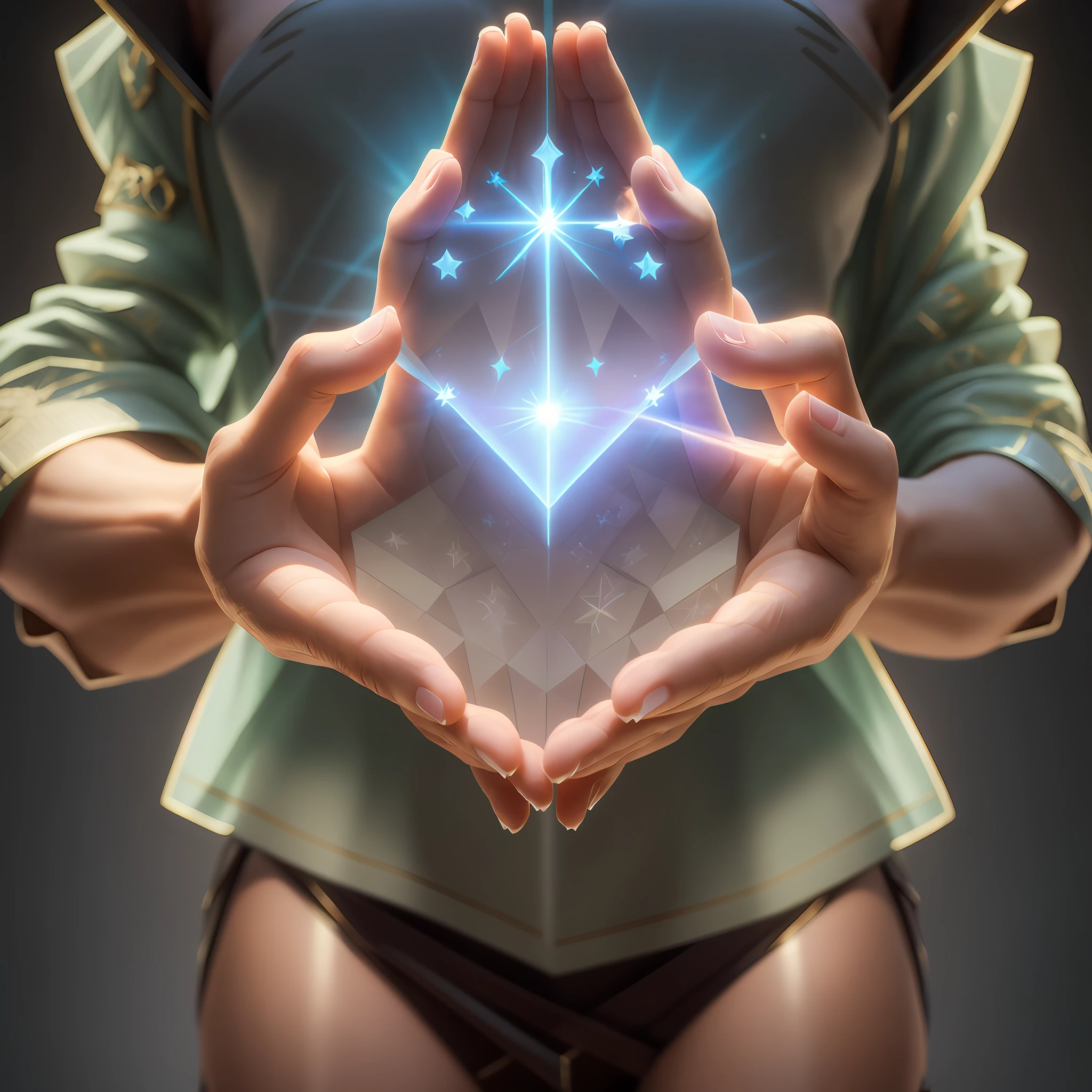 someone is holding a glowing star in their hands, unreal engine render + a goddess, 3 d render beeple, unreal engine render saint seiya, rendered in corona, artgerm ; 3d unreal engine, 3 d render stylized, holding a holy symbol, ( ( unreal engine ) ), 3 d render character art 8 k, ethereal hologram center