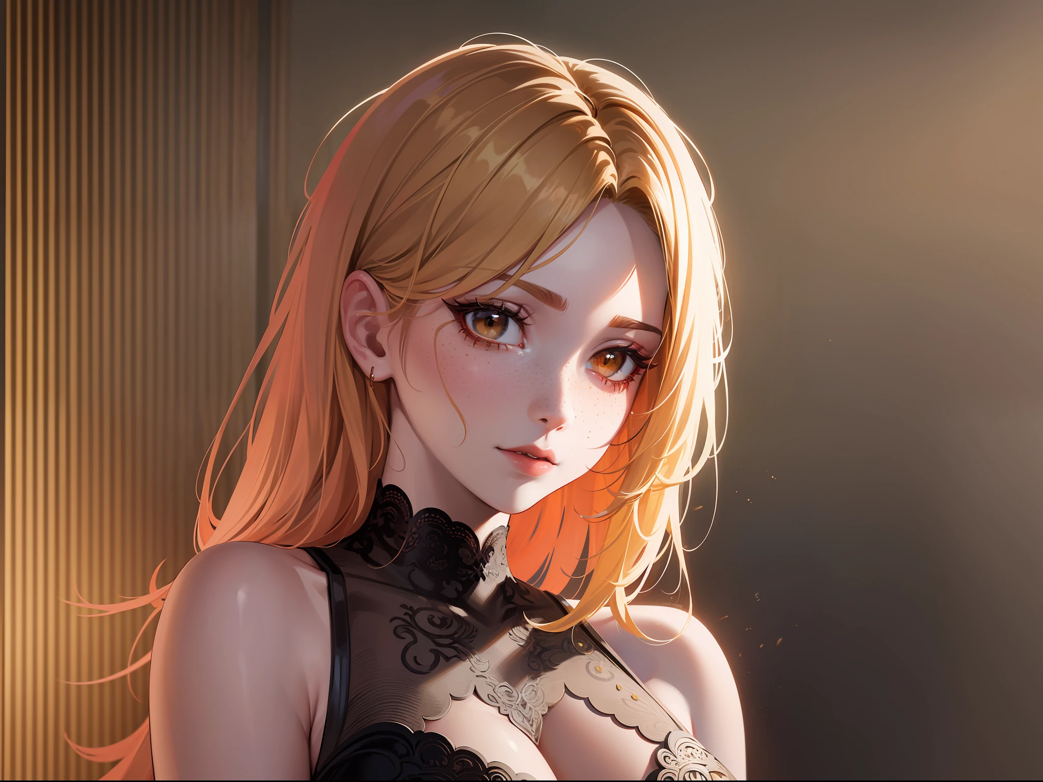 half body, long shot, beautiful woman posing for photo, short yellow hair, brown eyes, freckles on face, red dress with plunging neckline and black details, cinematic, gradient with cool colors, film grain, ((vintage)), (( (detailed face))) ((high resolution))